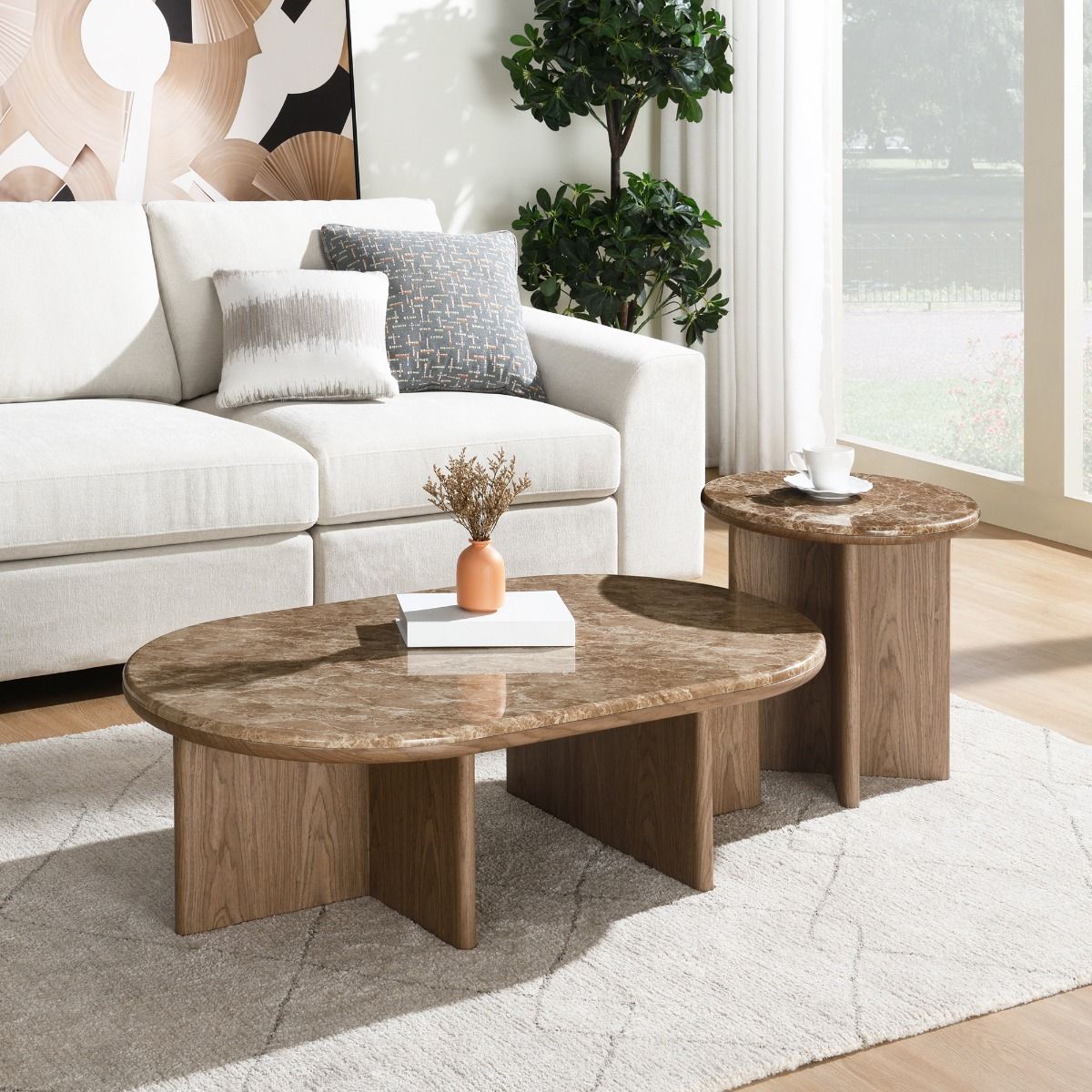 Markku - Coffee Table With Natural Marble - Oak, dark brown, view 2