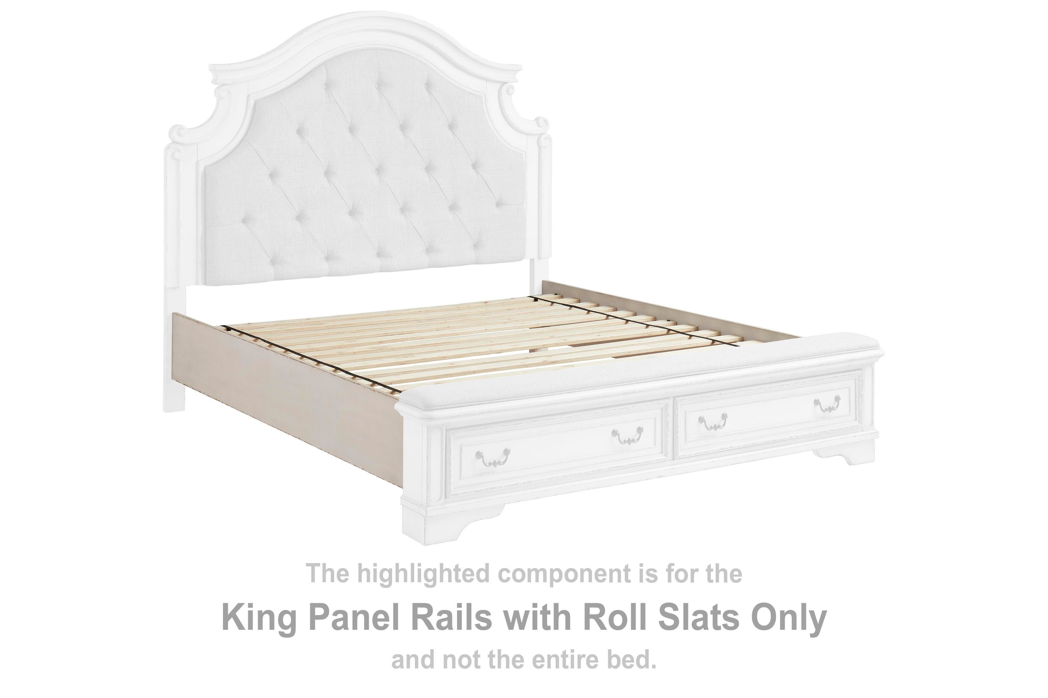 Realyn – King Panel Rails w/Roll Slats – Chipped White