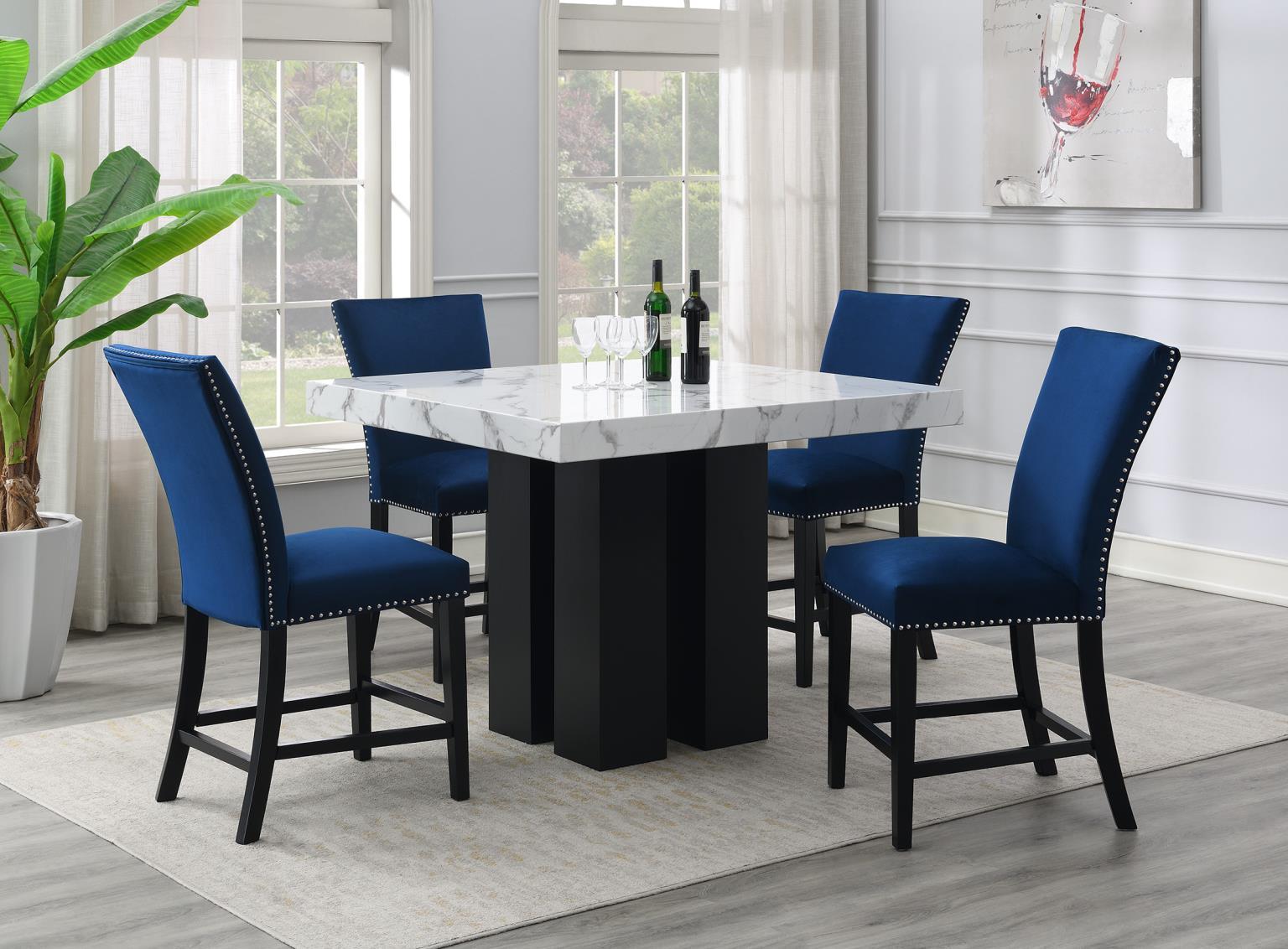 D130 - 5 Piece Dining Room Set (Counter Table, 4 Chairs) - Blue / Black