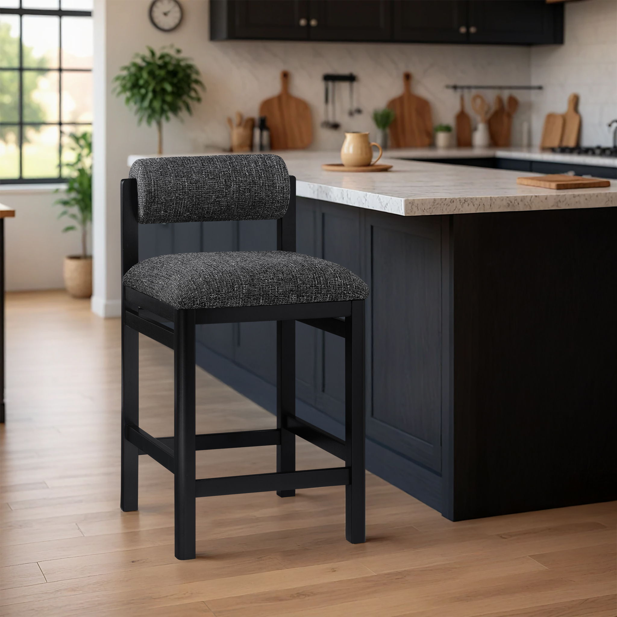 Roundhill - Linen Textured Fabric Upholstered Counter Stool - Black