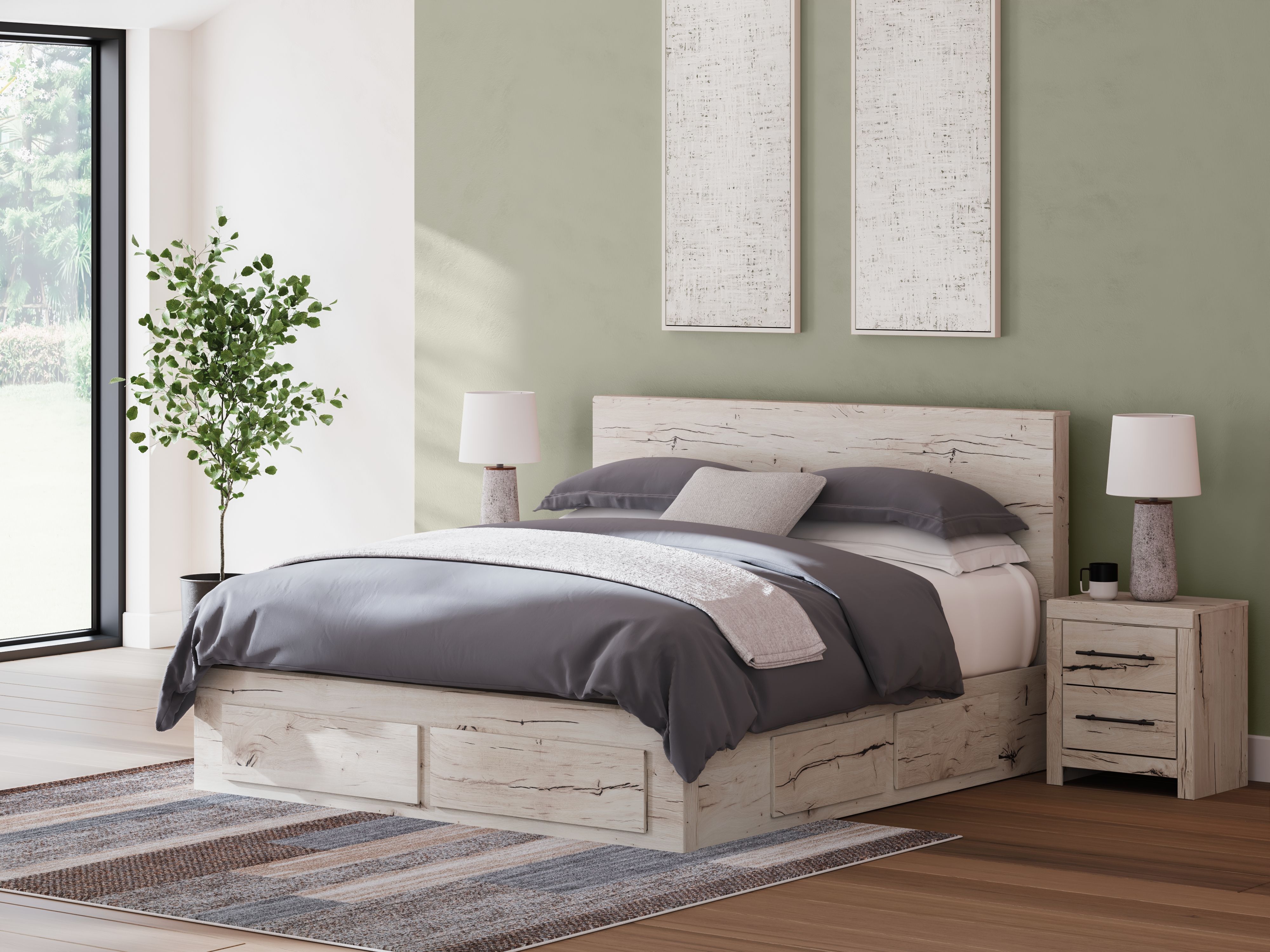 Ashley Lawroy - Light Natural - King Panel Bed With Storage Footboard And 2 Under Bed Storage Units