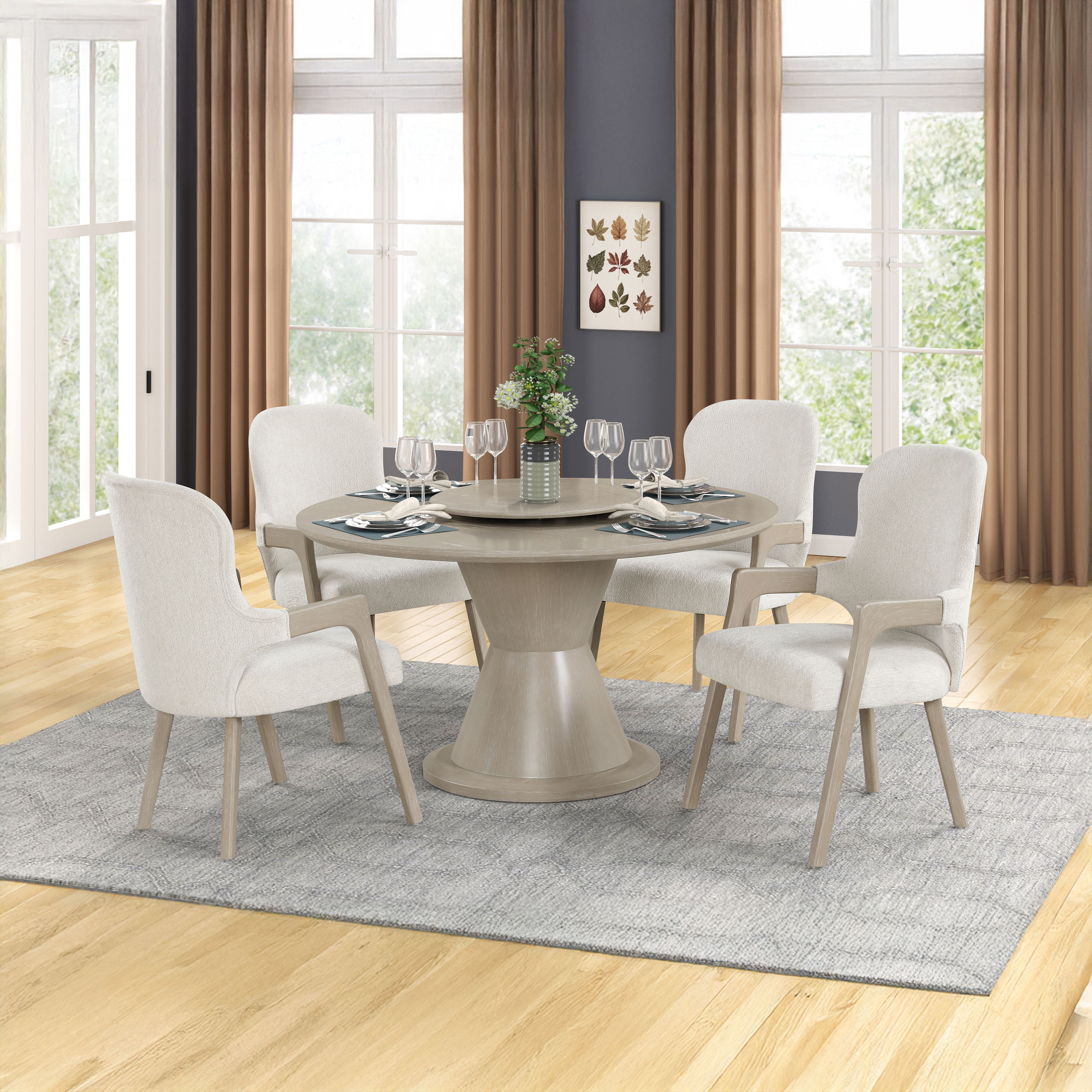 Gwendolyn - Round Dining Table With 4 Arm Chairs - Beige / Natural