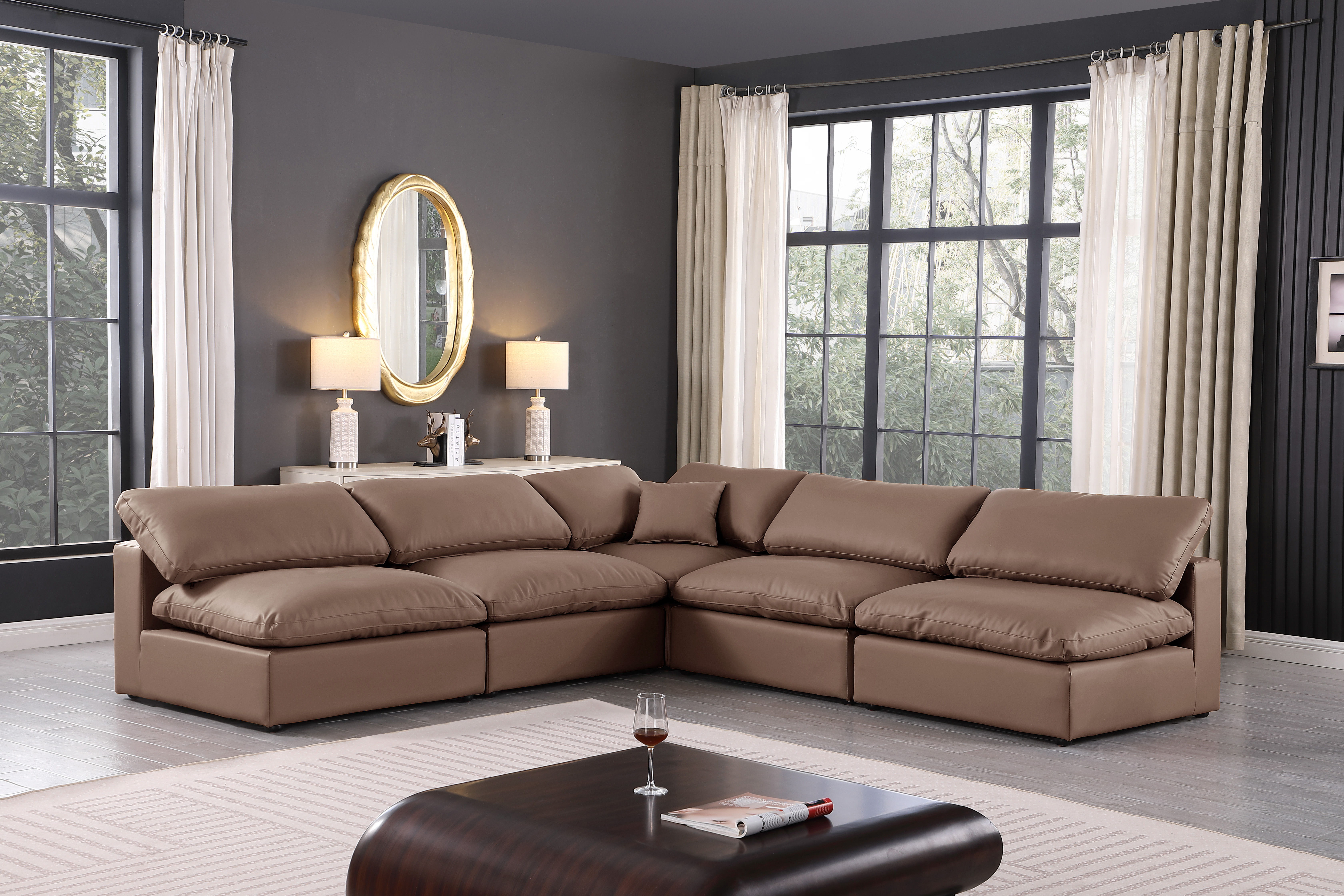 Comfy - 5 Piece Faux Leather Modular Corner Armless Sectional - Brown