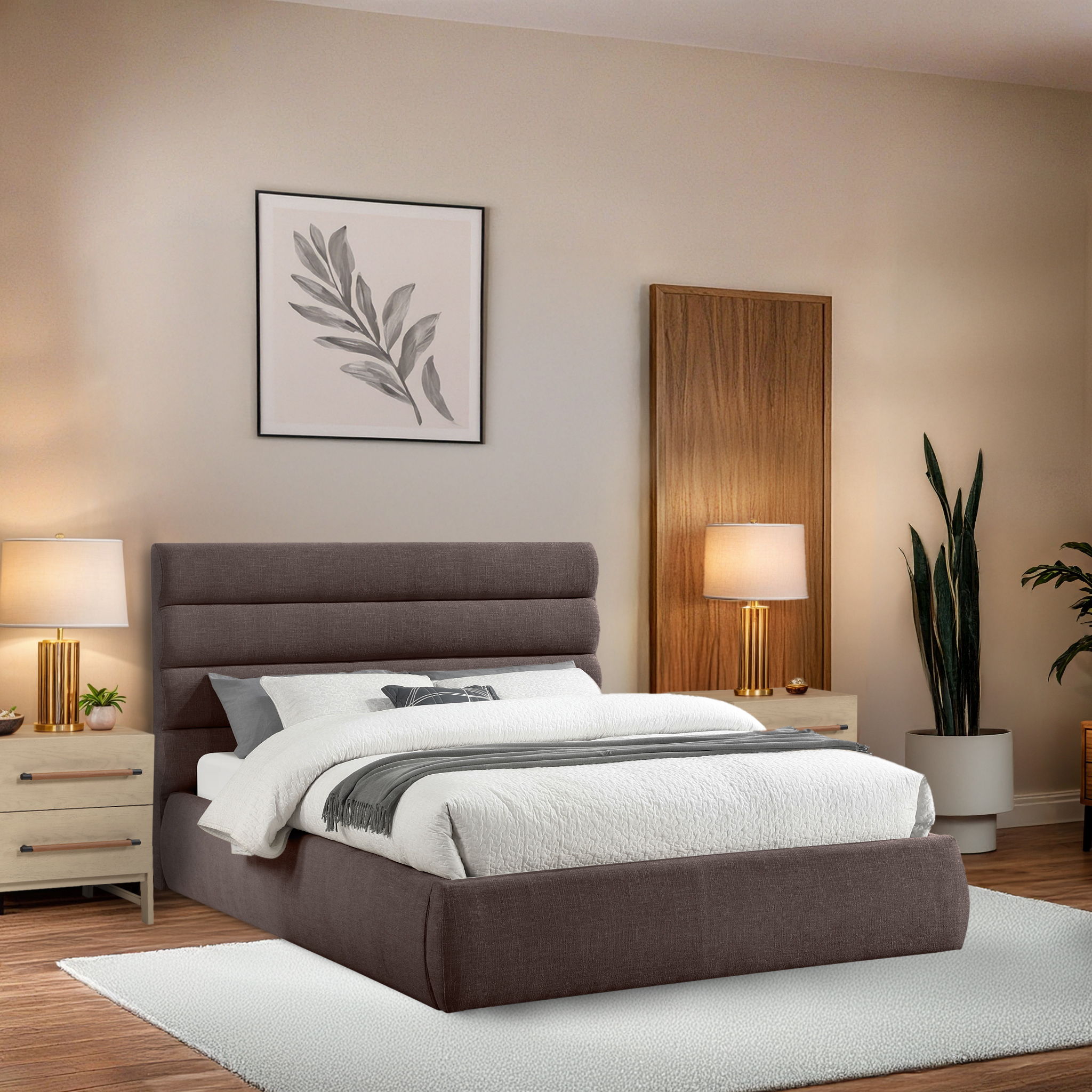 Adam - Linen Fabric Queen Bed With 52" Headboard - Brown