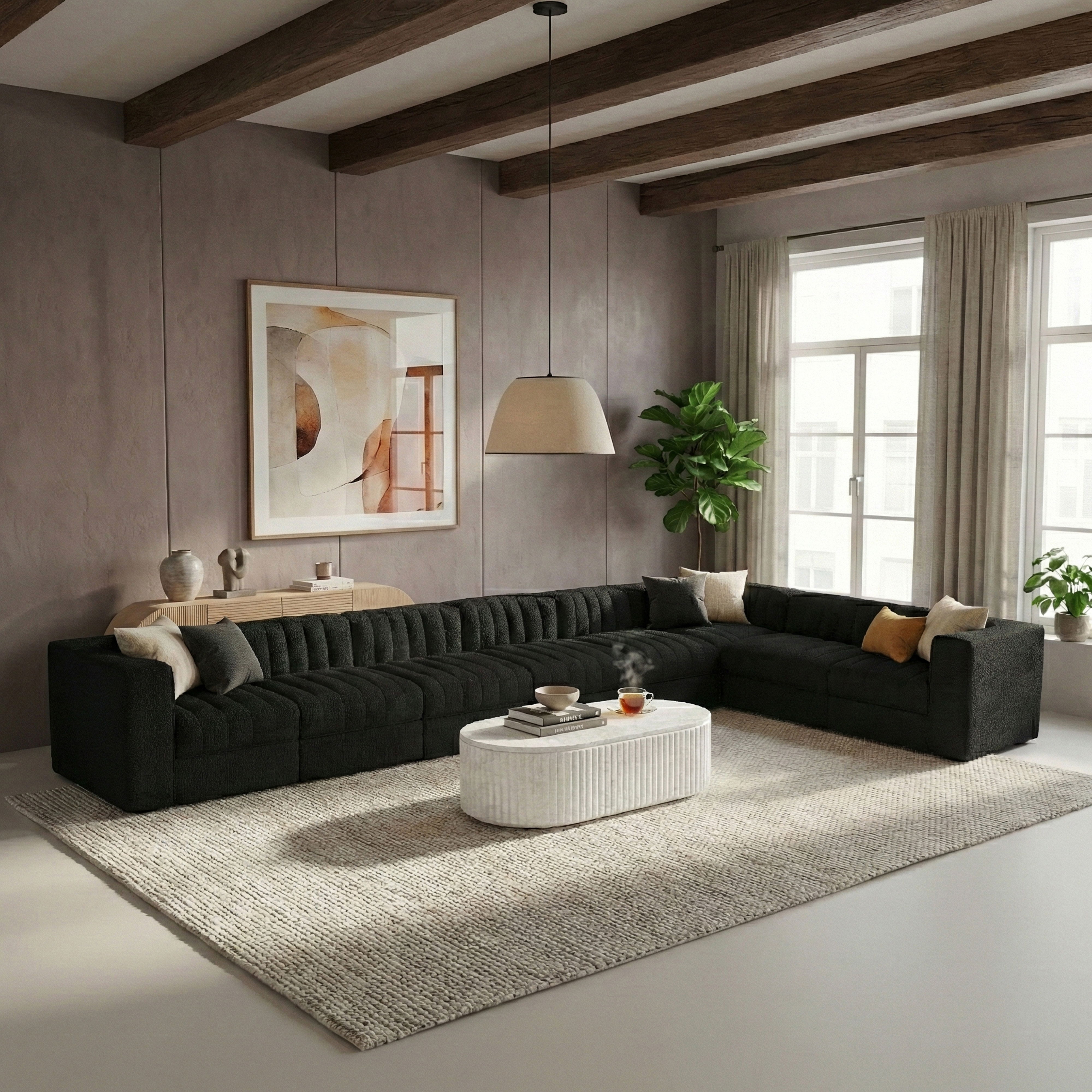 Rummi - Velvet Performance Fabric Upholstered 8 Piece Modular Sectional (With 3 Corner Chairs) - Black
