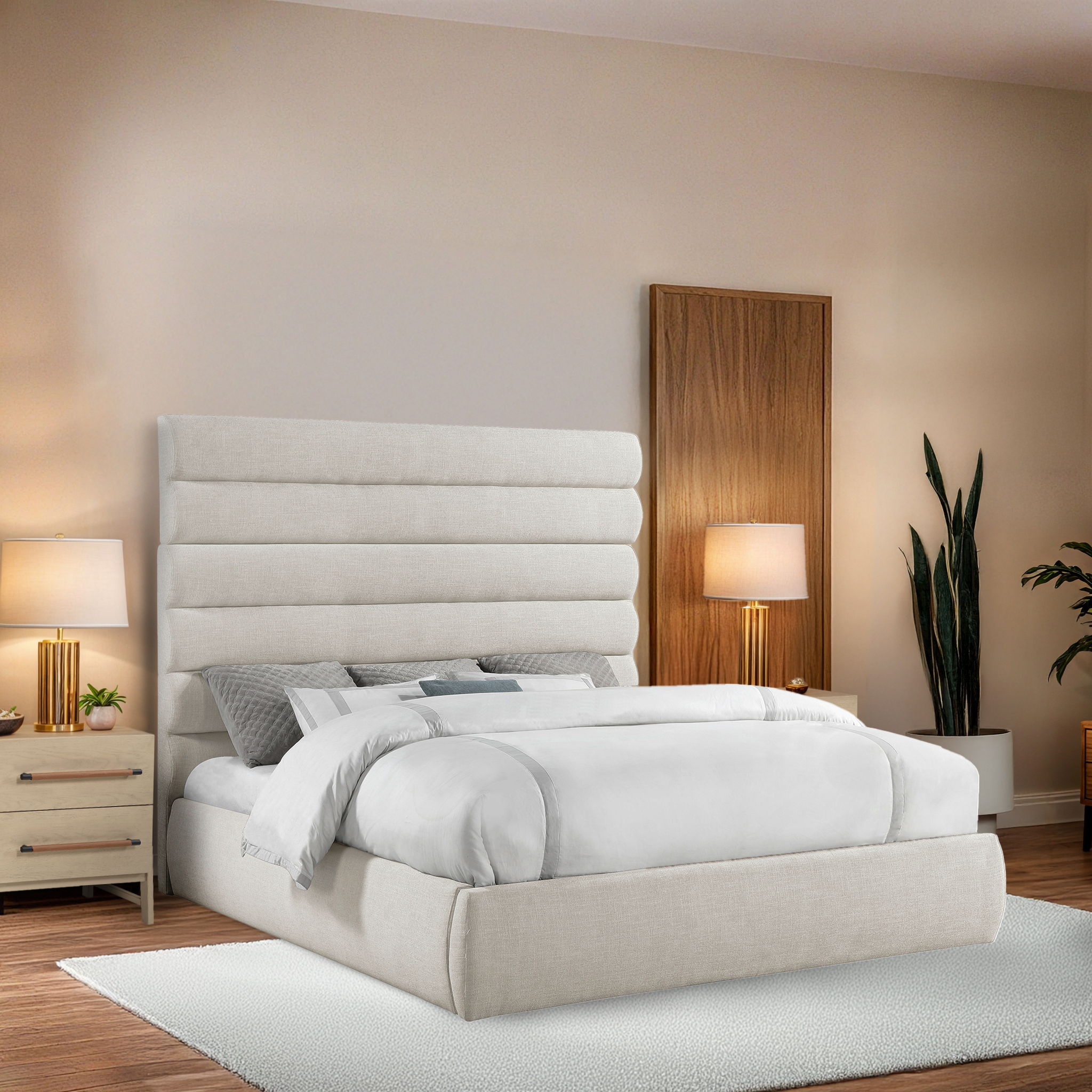 Adam - Linen Fabric King Bed With 70.5" Headboard - Cream