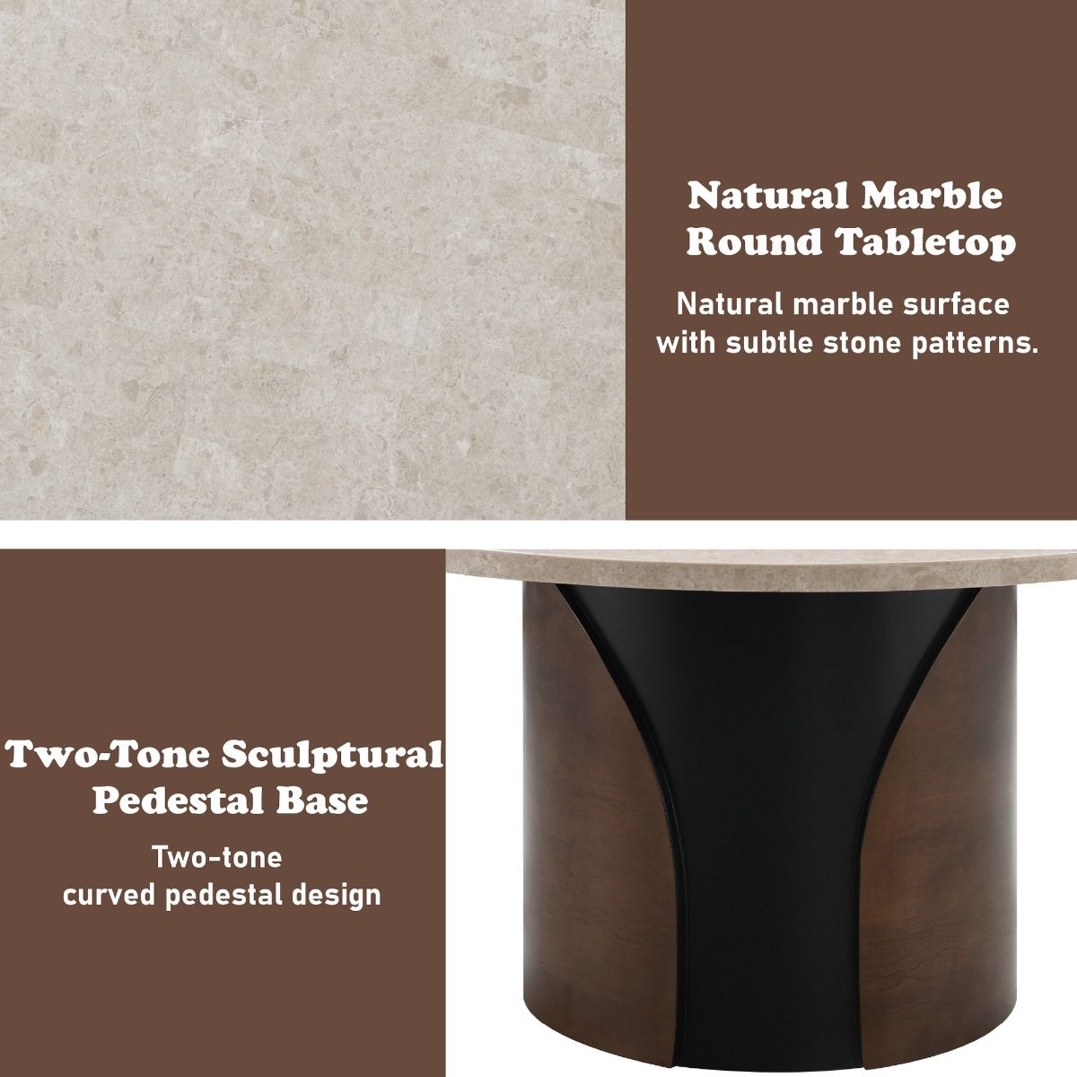Rufina - Round Dining Table With Marble Top - Natural Marble Top & Walnut, dark brown, view 4