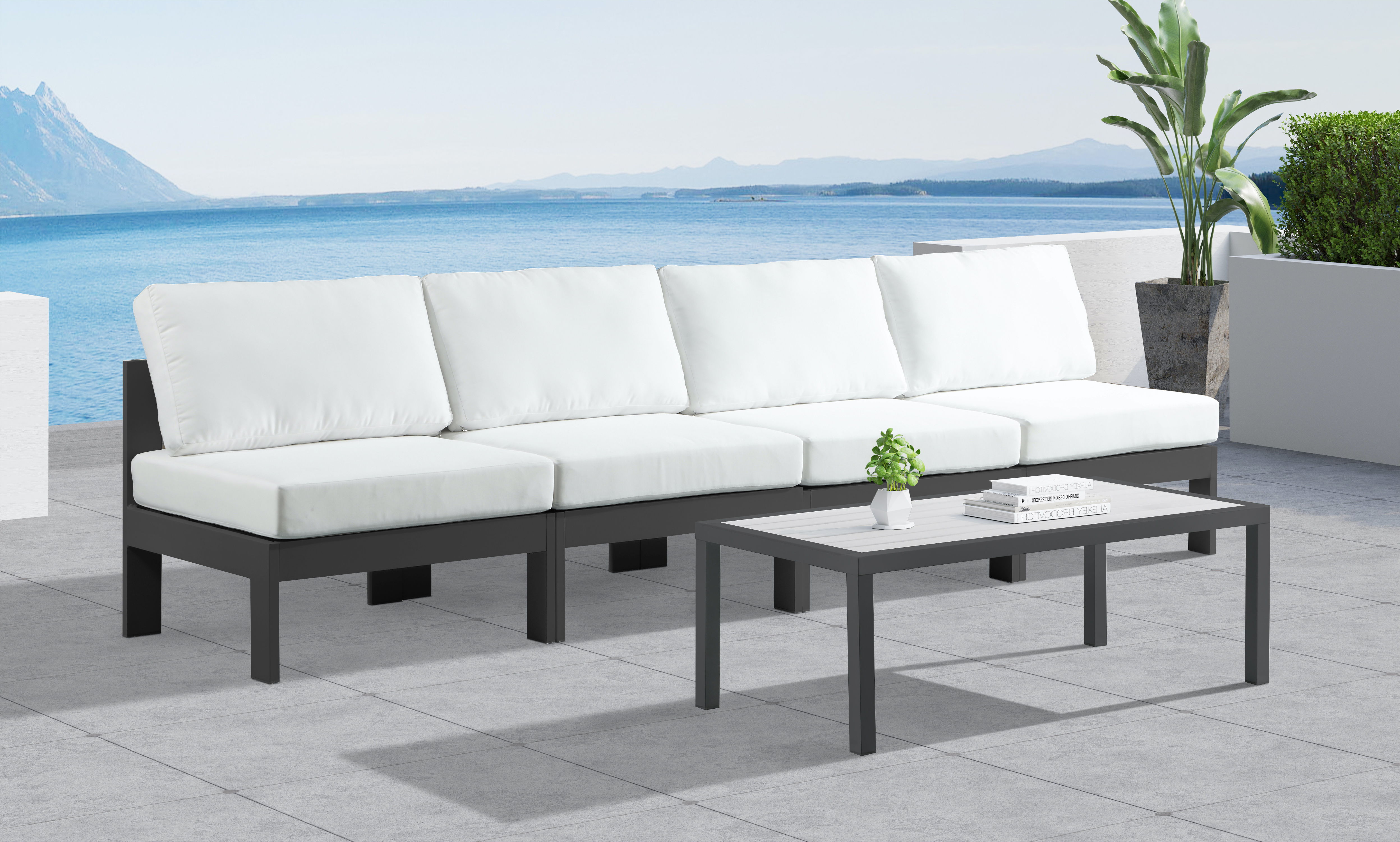 Nizuc - Outdoor Patio 4 Piece Armless Modular Sofa With Gray Frame - White