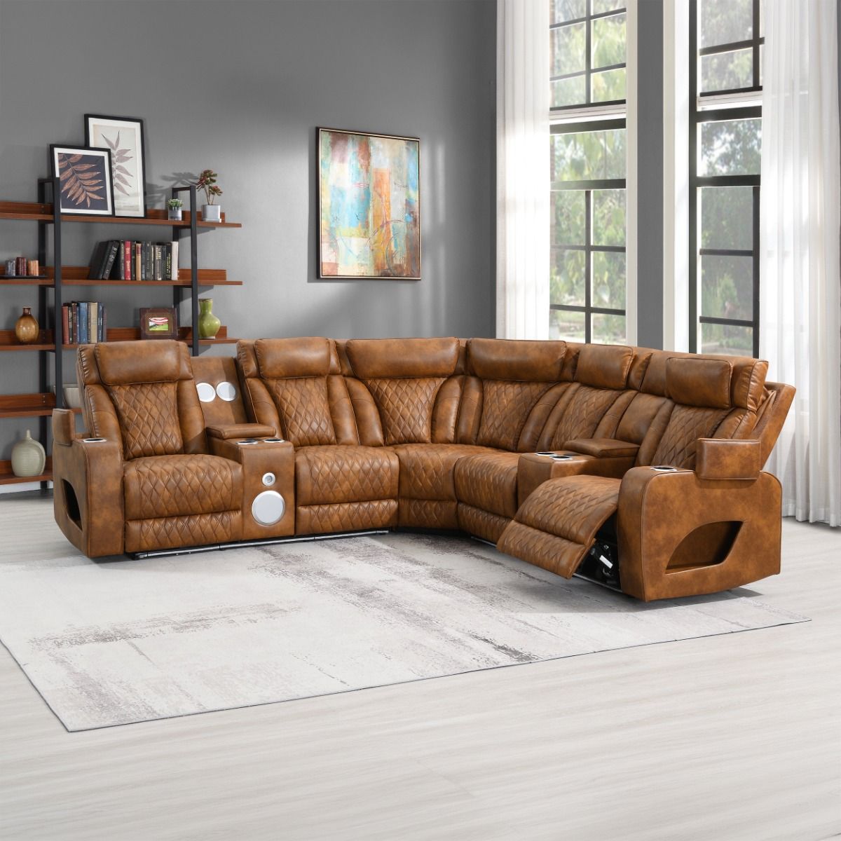 Taddeo - Power Motion Sectional Sofa With Power Headrest, Massage & LED - Two Tone Brown Leatherette, light brown
