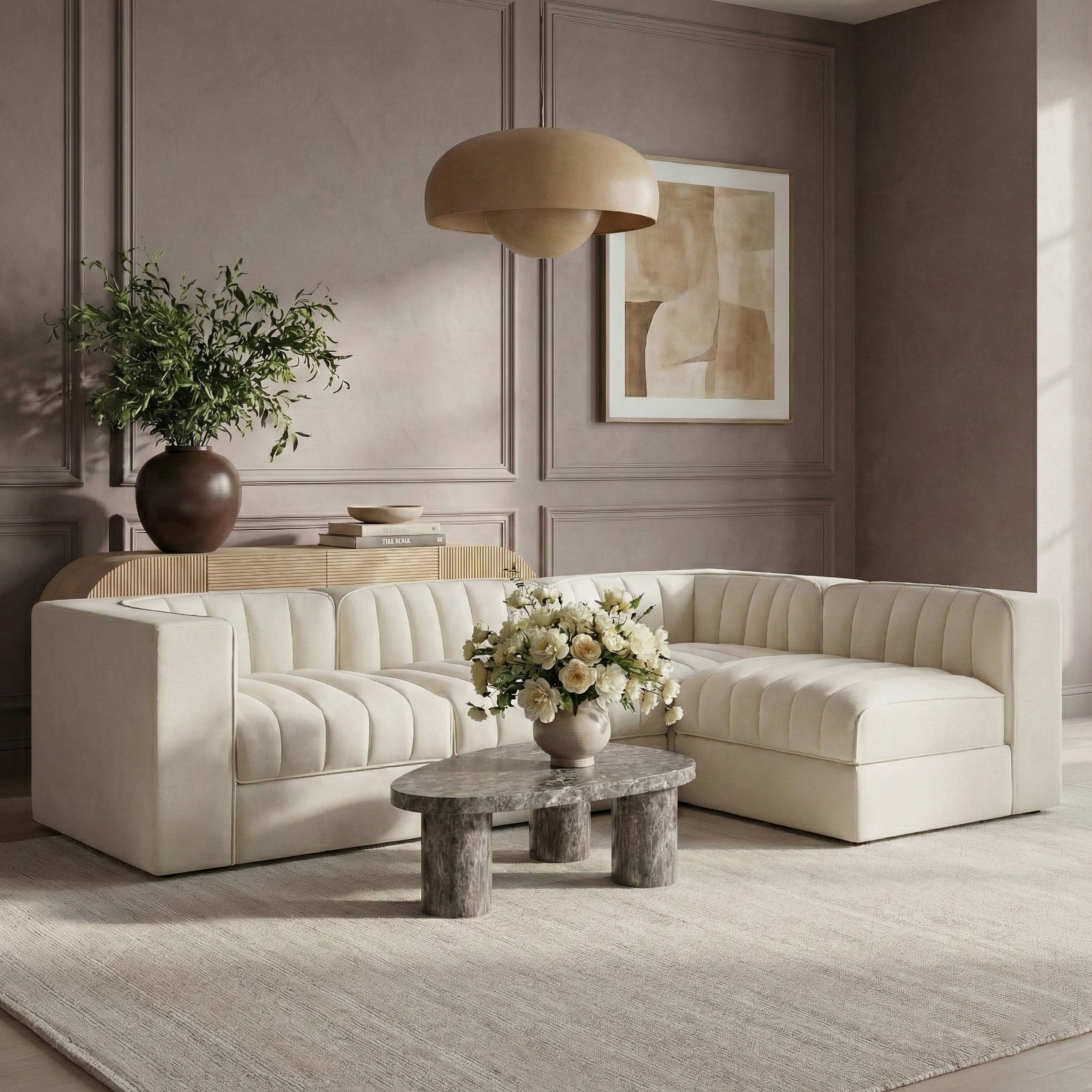 Rummi - Velvet Performance Fabric Upholstered 4 Piece Modular Sectional - Cream