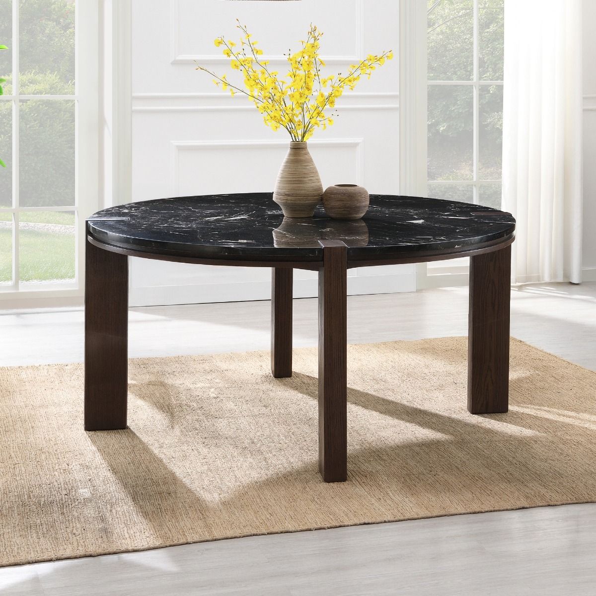 Estella - Round Dining Table With Natural Marble Top - Black Top & Walnut, dark brown