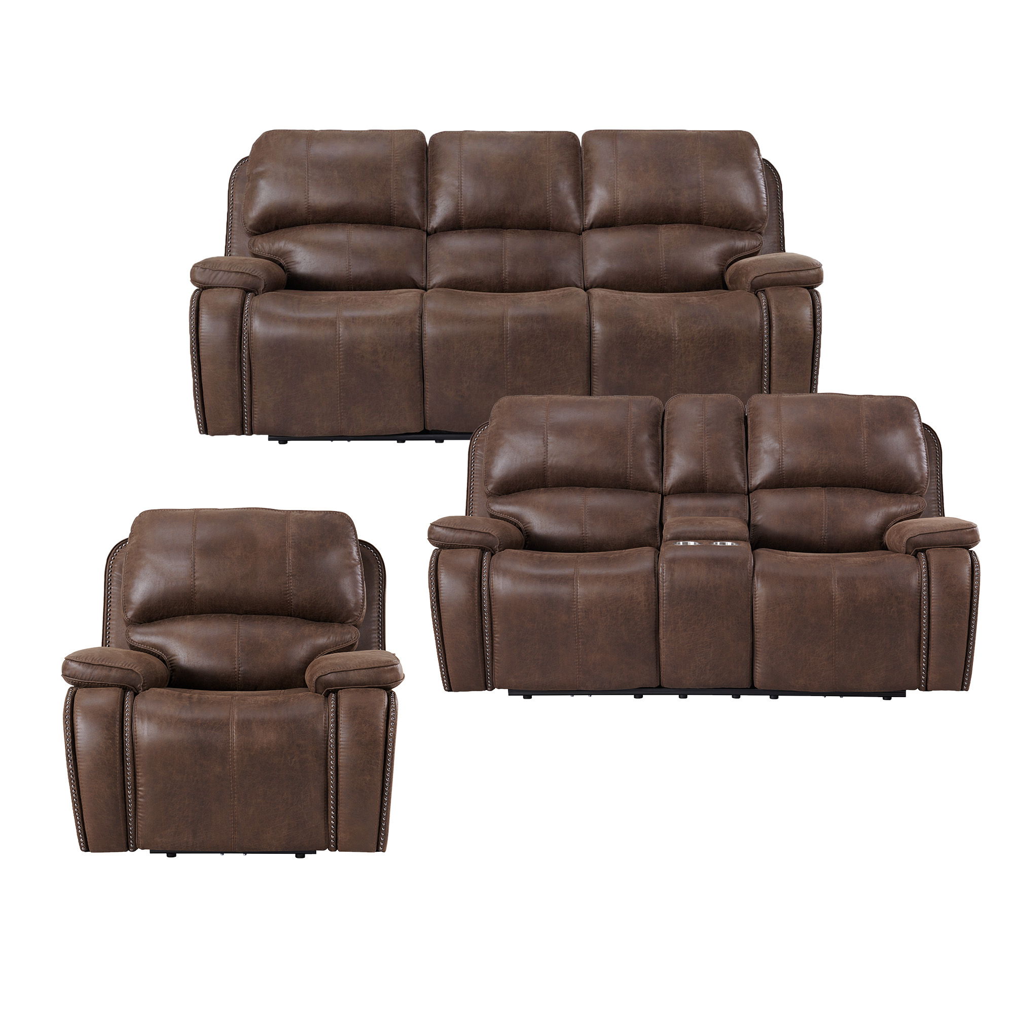 Atlantis - 3 Piece Sofa, Loveseat & Recliner Living Room Set - Heritage Brown