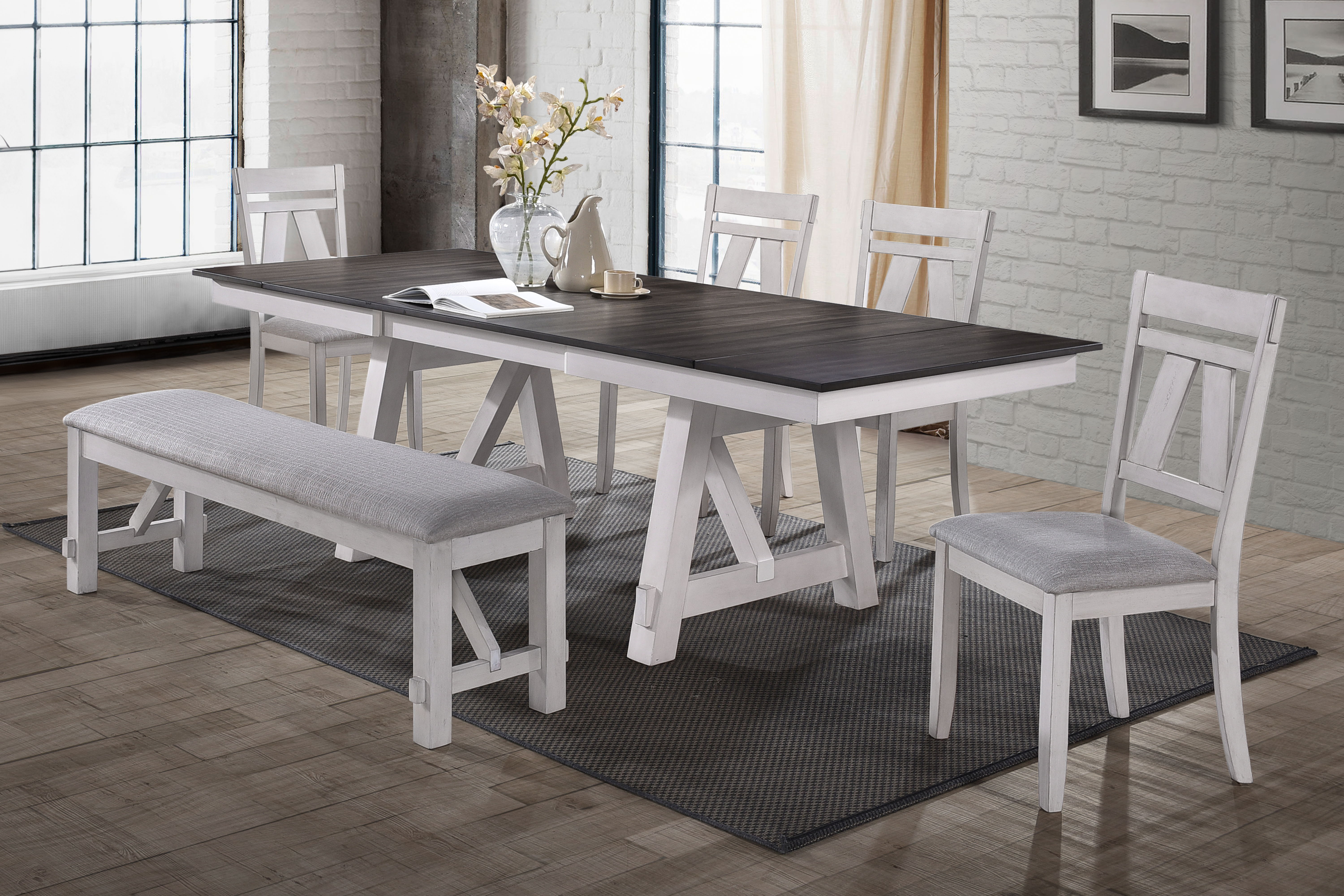Maisie - Dining Table & 4 Chairs & Bench - White / Dark Brown
