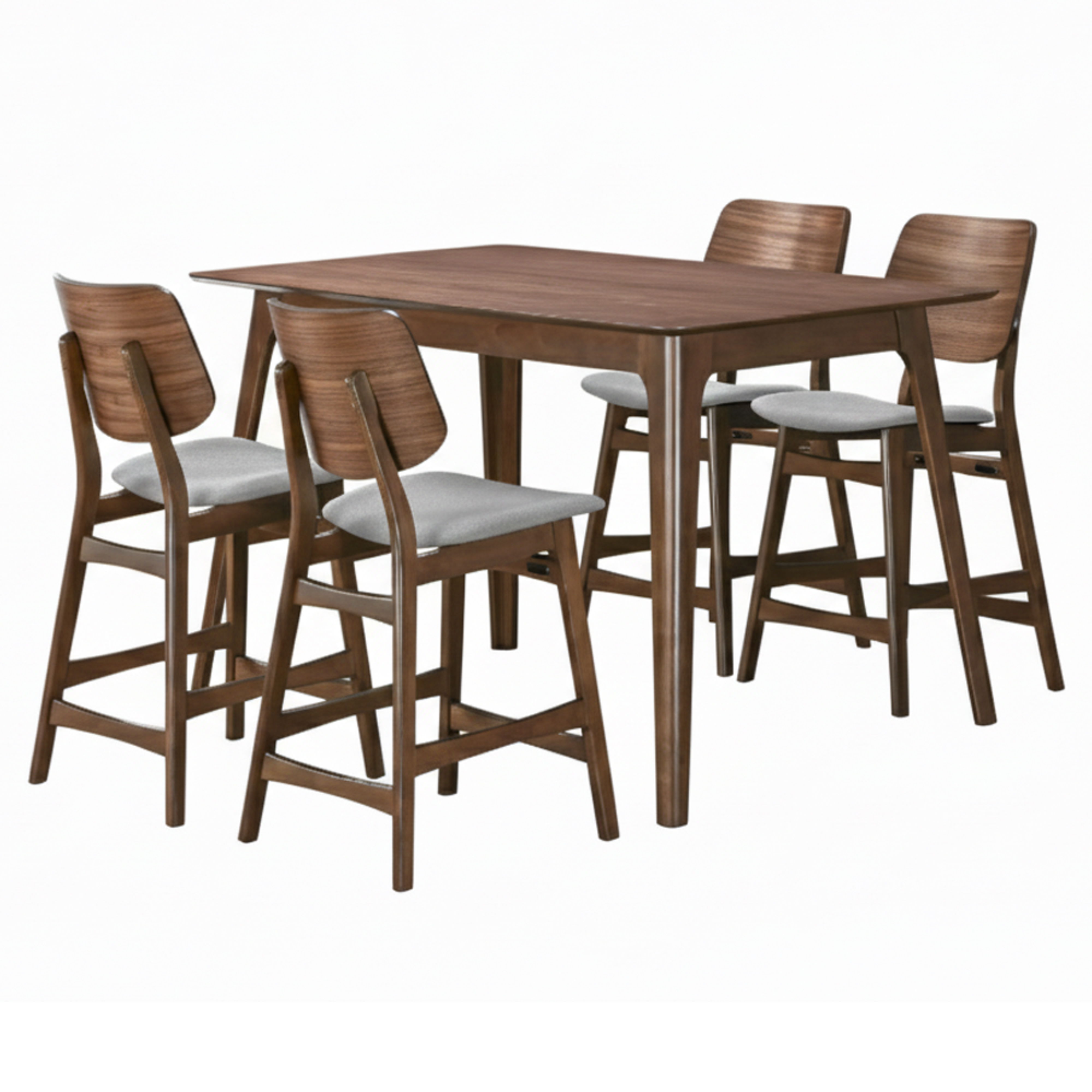 Oscar - Counter Wood Table - Walnut With 4 Gray Cushion Chairs - Brown / Gray