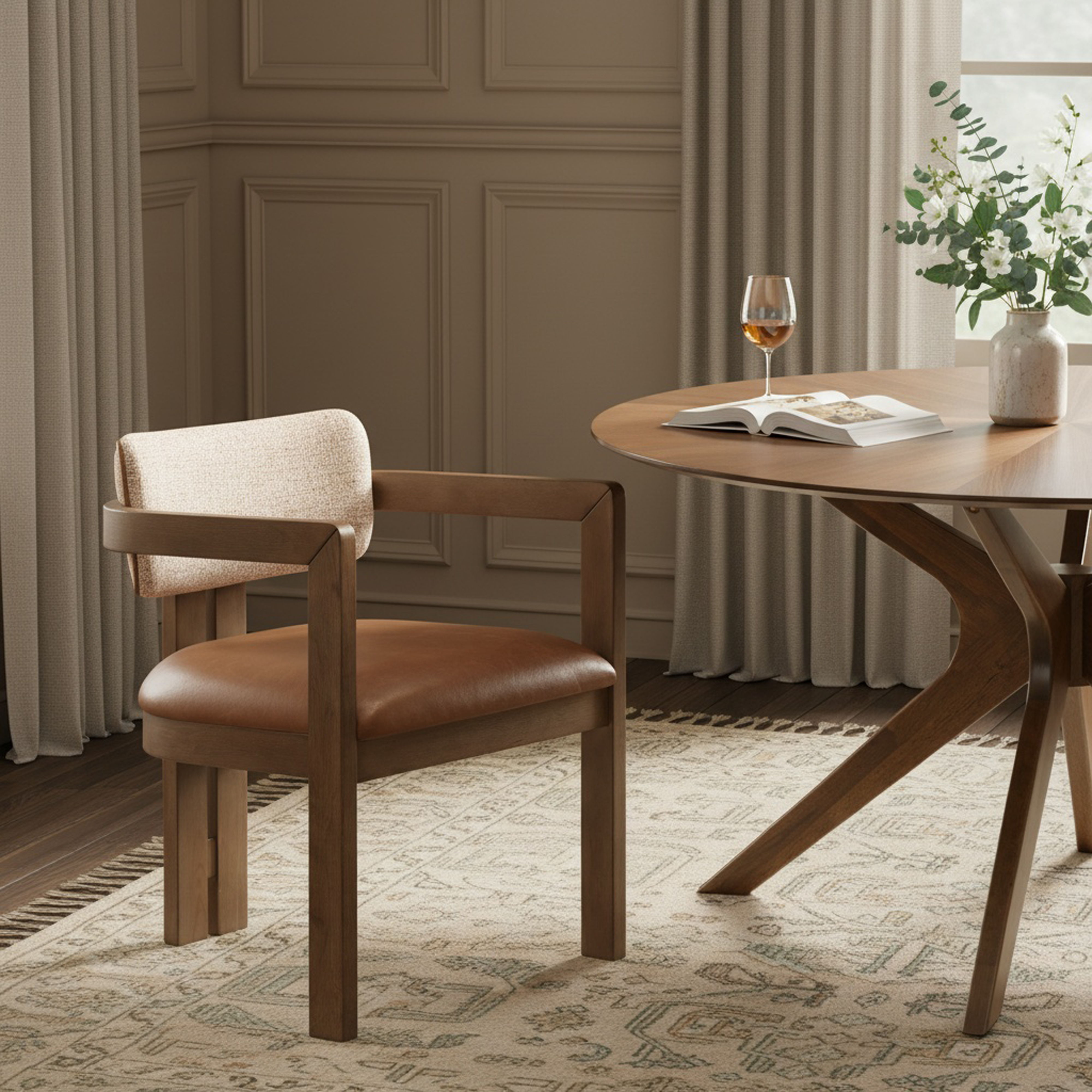 Ravina - Vegan Leather and Linen Textured Fabric Upholstered Dining Chair (Set of 2) - Cognac / Stained Brown