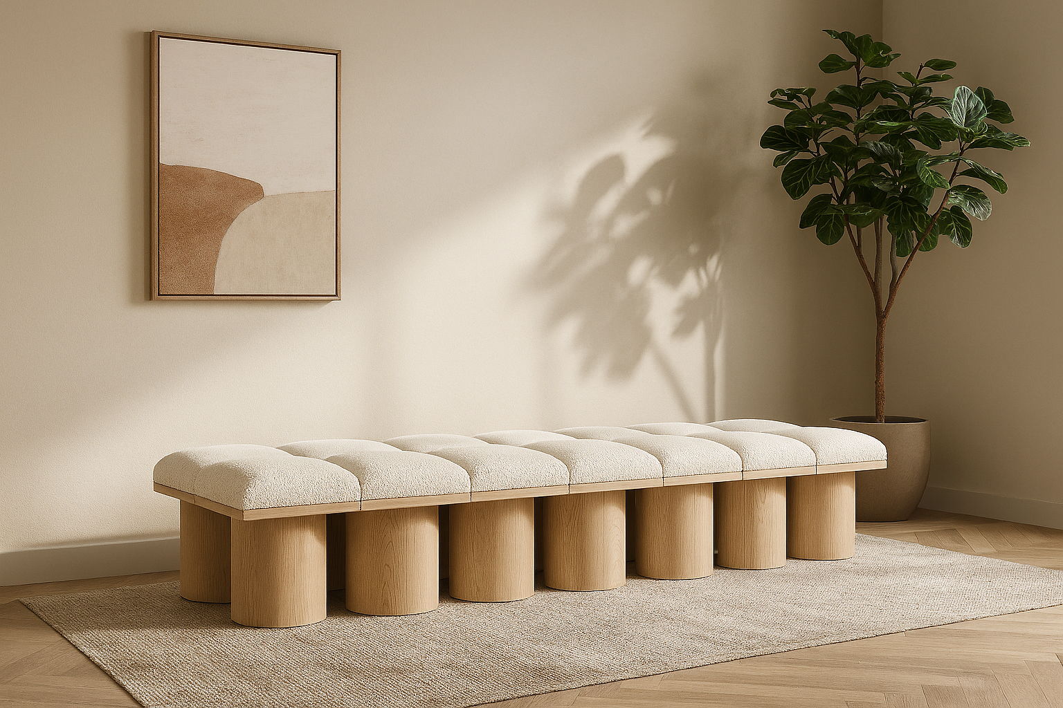 Pavilion - 108.5" 14 Piece Modular Bench With Natural Base - Cream