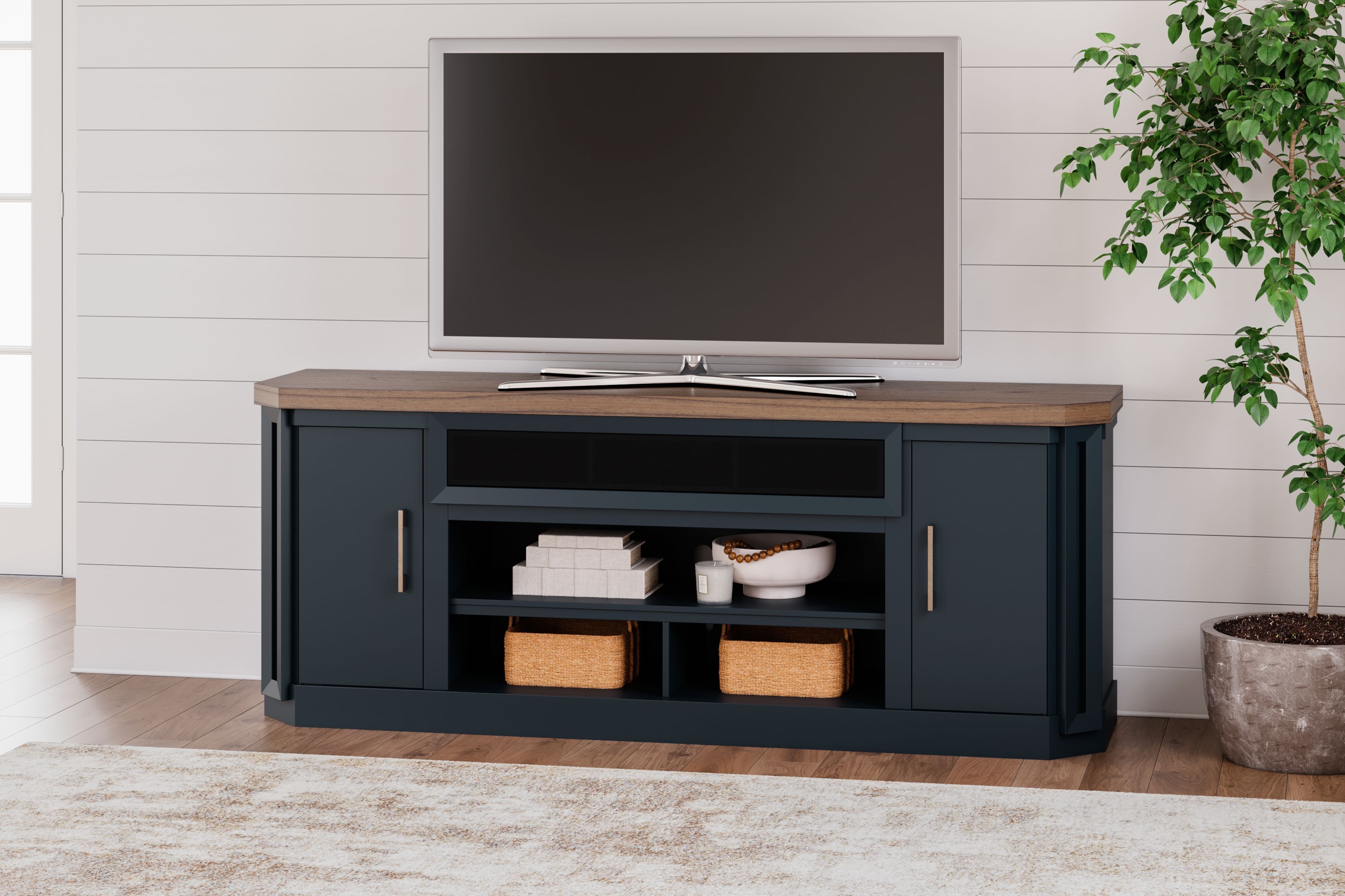 Ashley Furniture Landocken - XL TV Stand W/Fireplace Option - Brown / Blue - Image 2