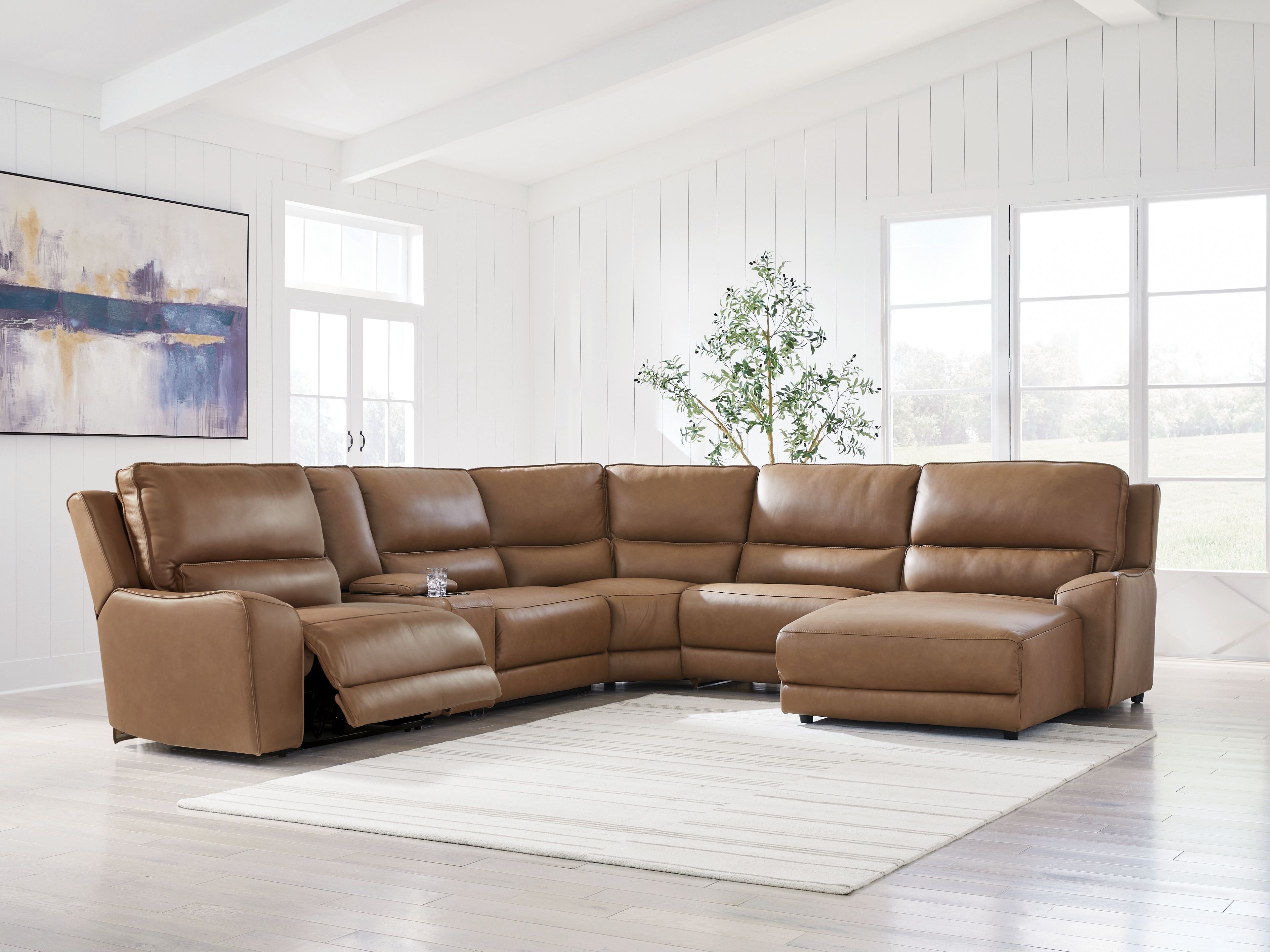 Ashley Furniture DeepWakes - 6-Piece Power Reclining Sectional With RAF Press Back Power Chaise And Storage Console - Caramel - Image 7