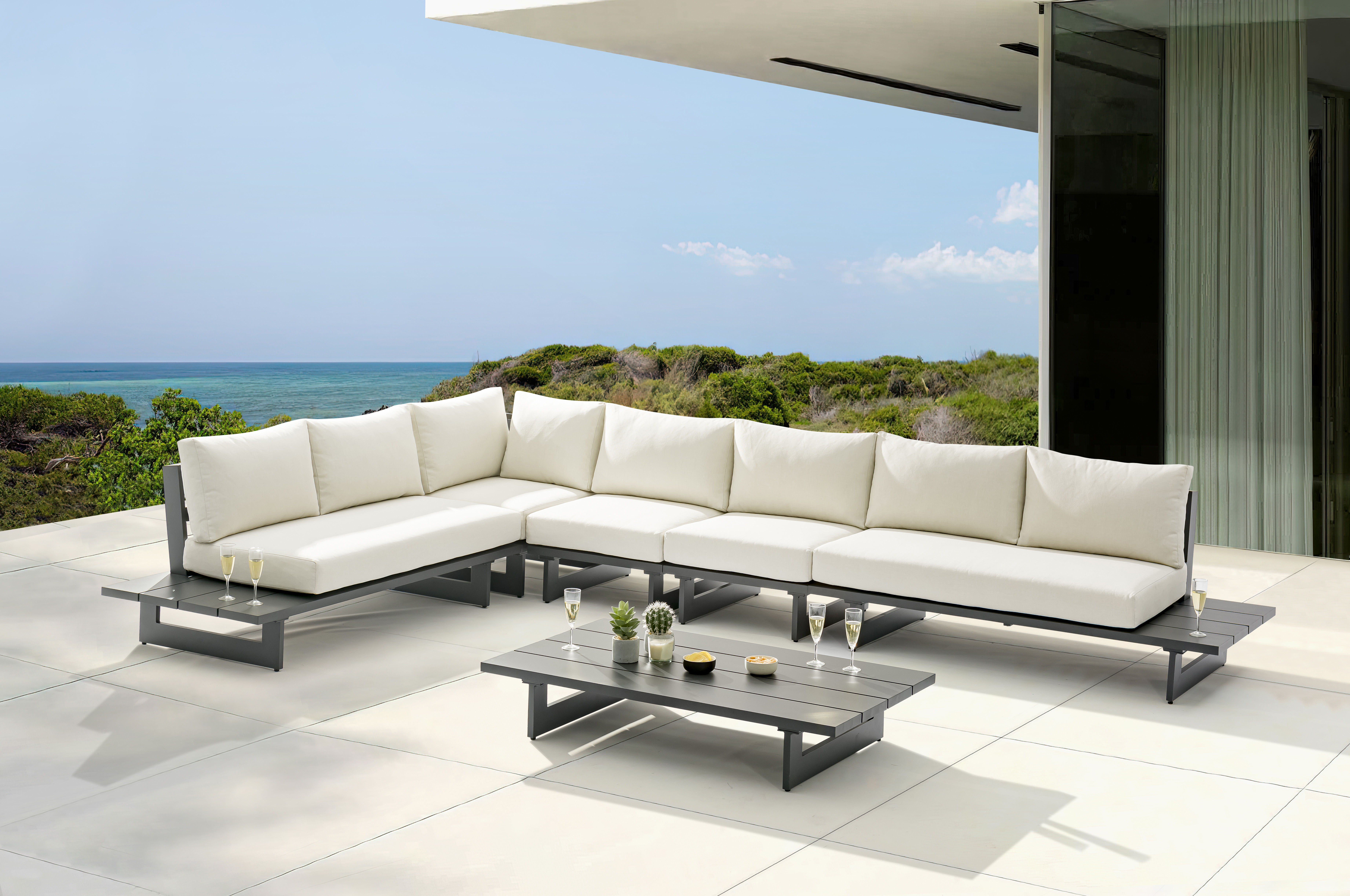 Maldives - 5 Piece Water Resistant Outdoor Patio Modular Left Arm Facing Sectional With Gray Base - Cream