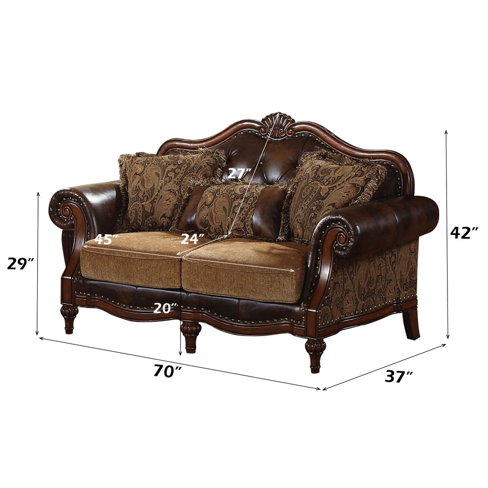 Dreena - Loveseat With 3 Pillows - Two Tone Brown Synthetic Leather & Chenille Cherry, dark brown, view 4