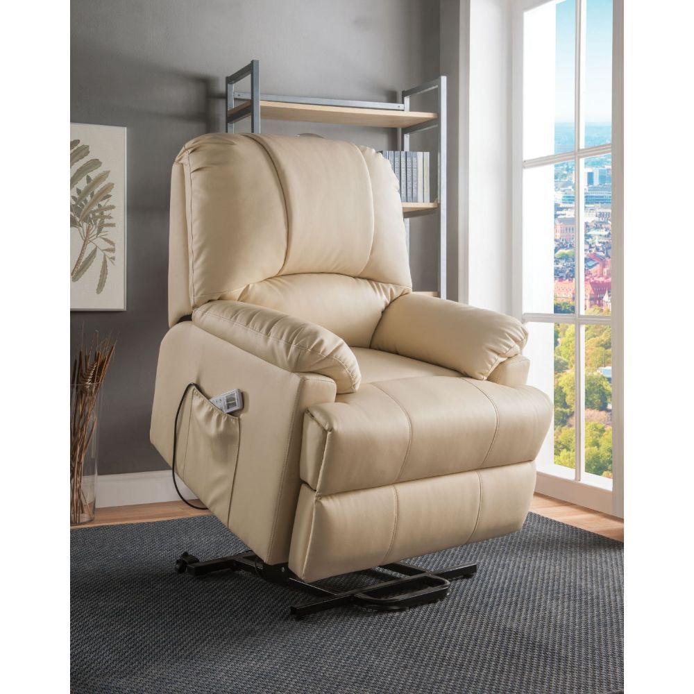 Ixora - Recliner With Power Lift & Massage - Beige Synthetic Leather, beige