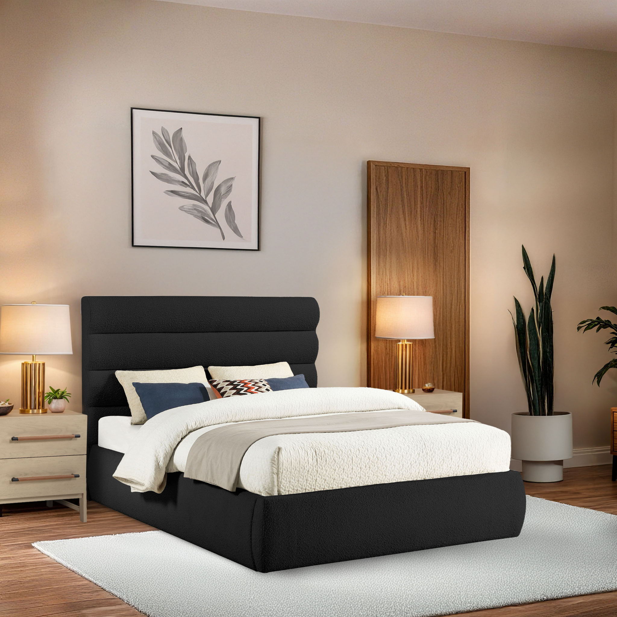 Adam - Boucle Fabric Queen Bed With 52" Headboard - Black