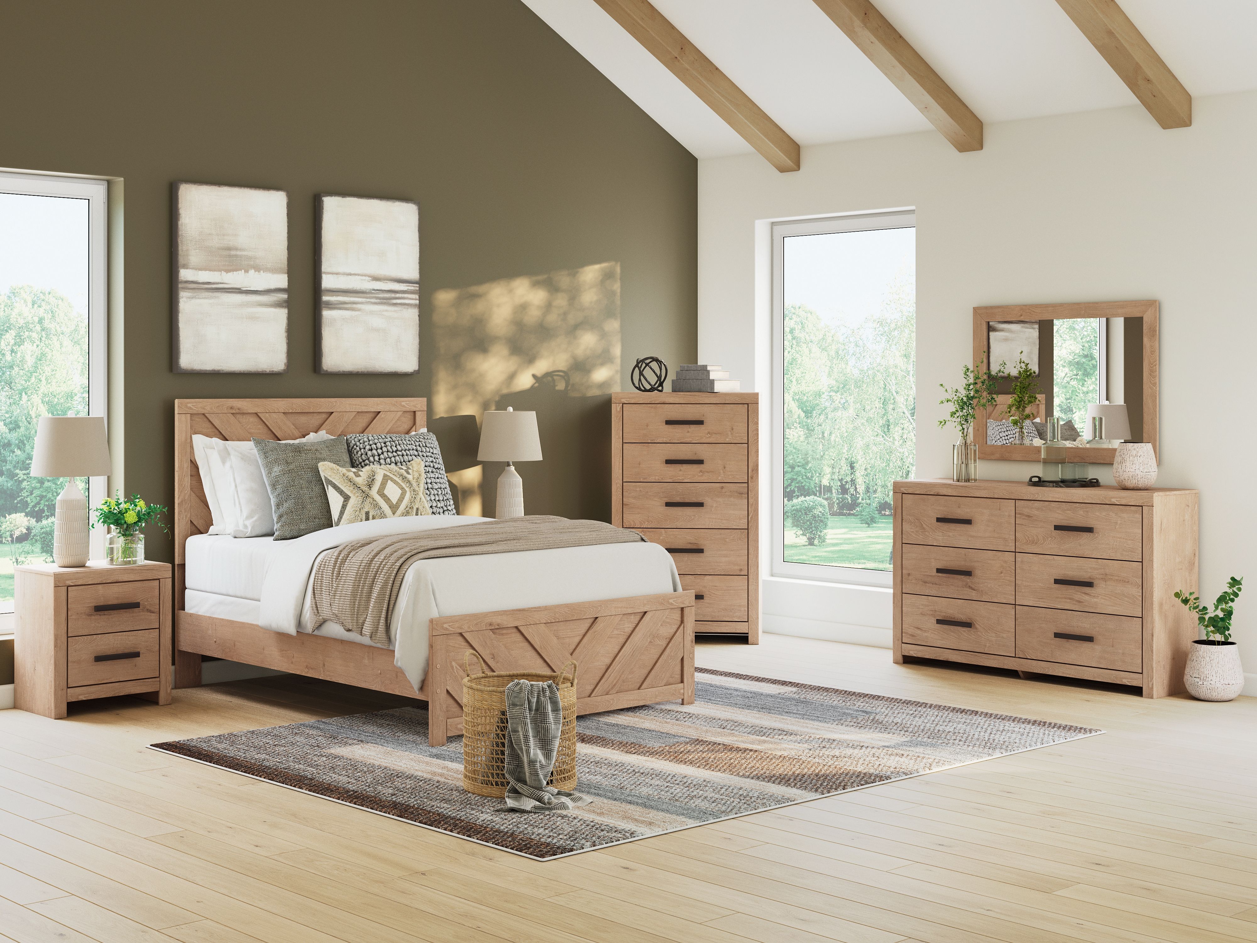 Ashley Sanginlane - Tan - 5 Pc. - Dresser, Mirror, Chest, Full Panel Bed