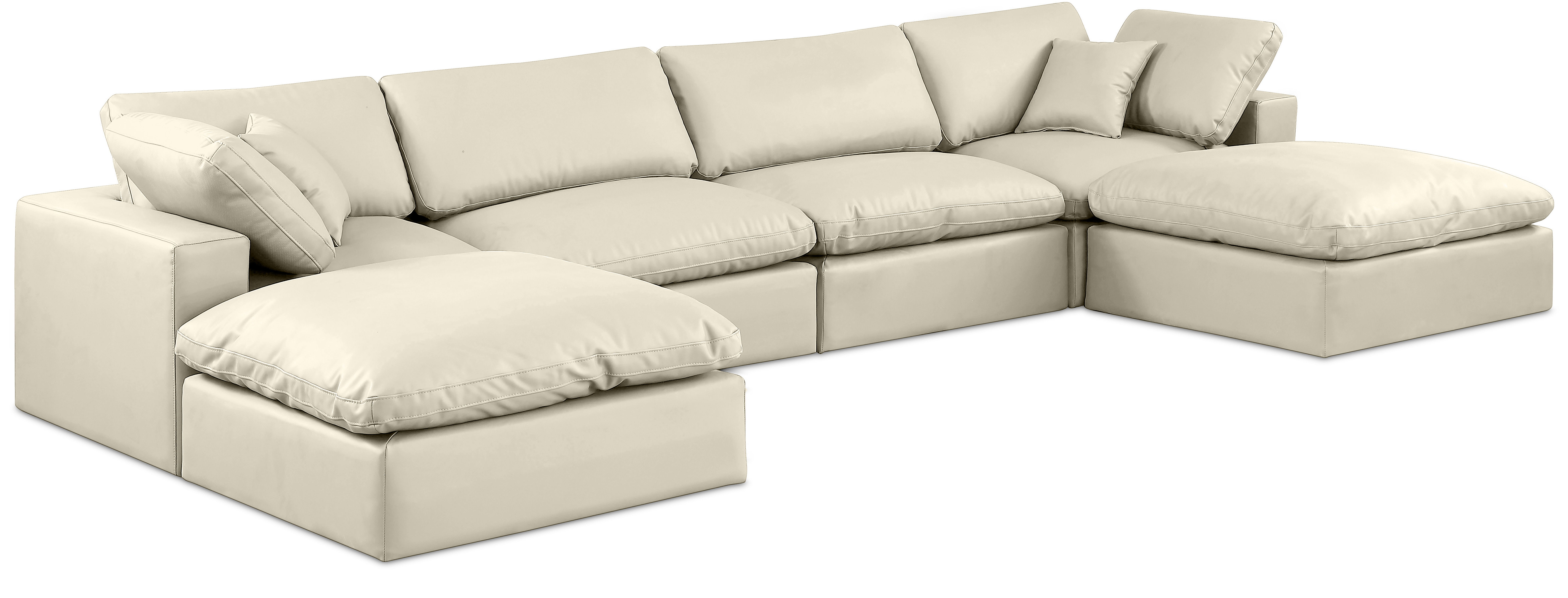 Comfy - 6 Piece Faux Leather Modular Double Chaise Sectional - Cream