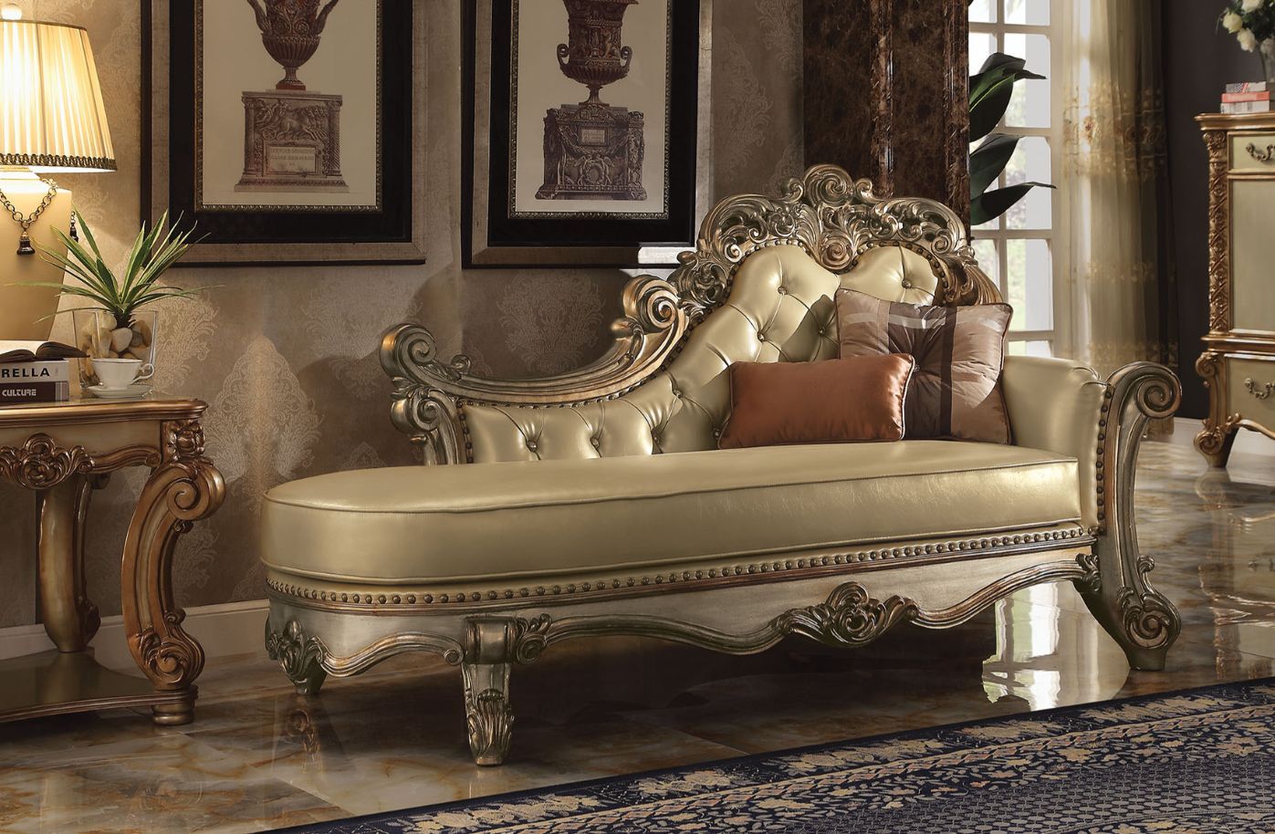 Vendome - Chaise With 2 Pillows - Bone Synthetic Leather & Gold Patina, beige