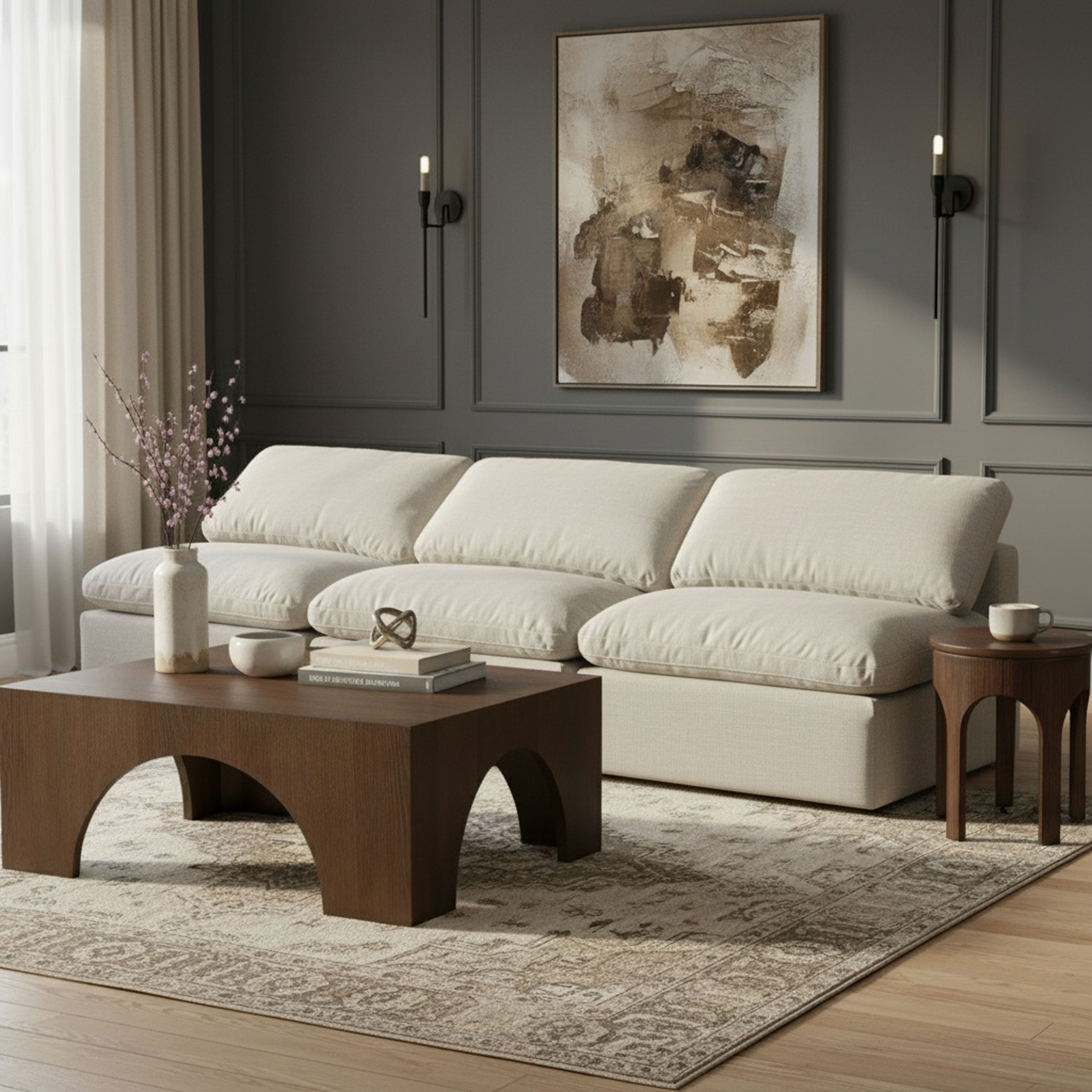 Indulge - Linen 3 Piece Modular Armless Sofa - Cream