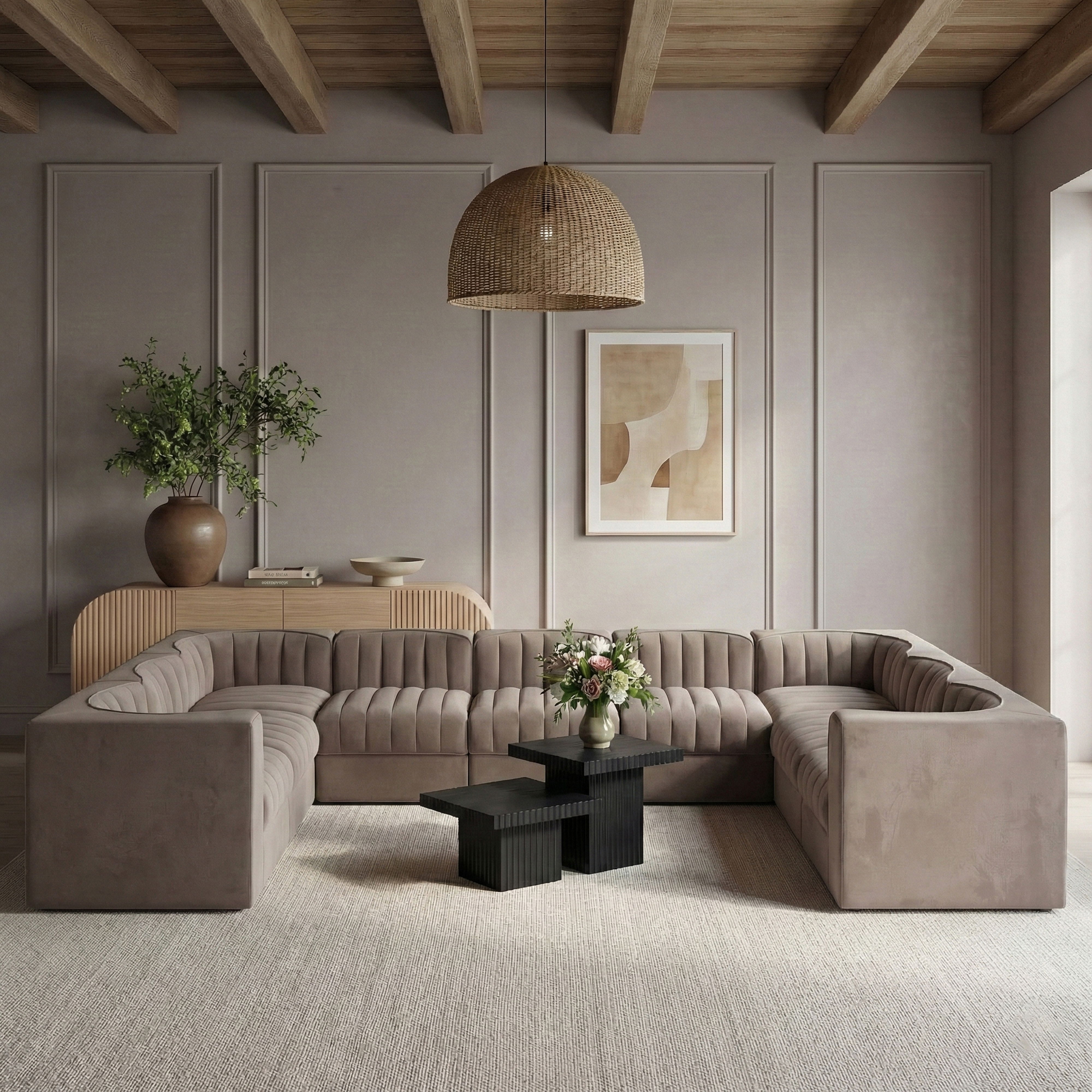 Rummi - Velvet Performance Fabric Upholstered 9 Piece Modular Sectional - Taupe