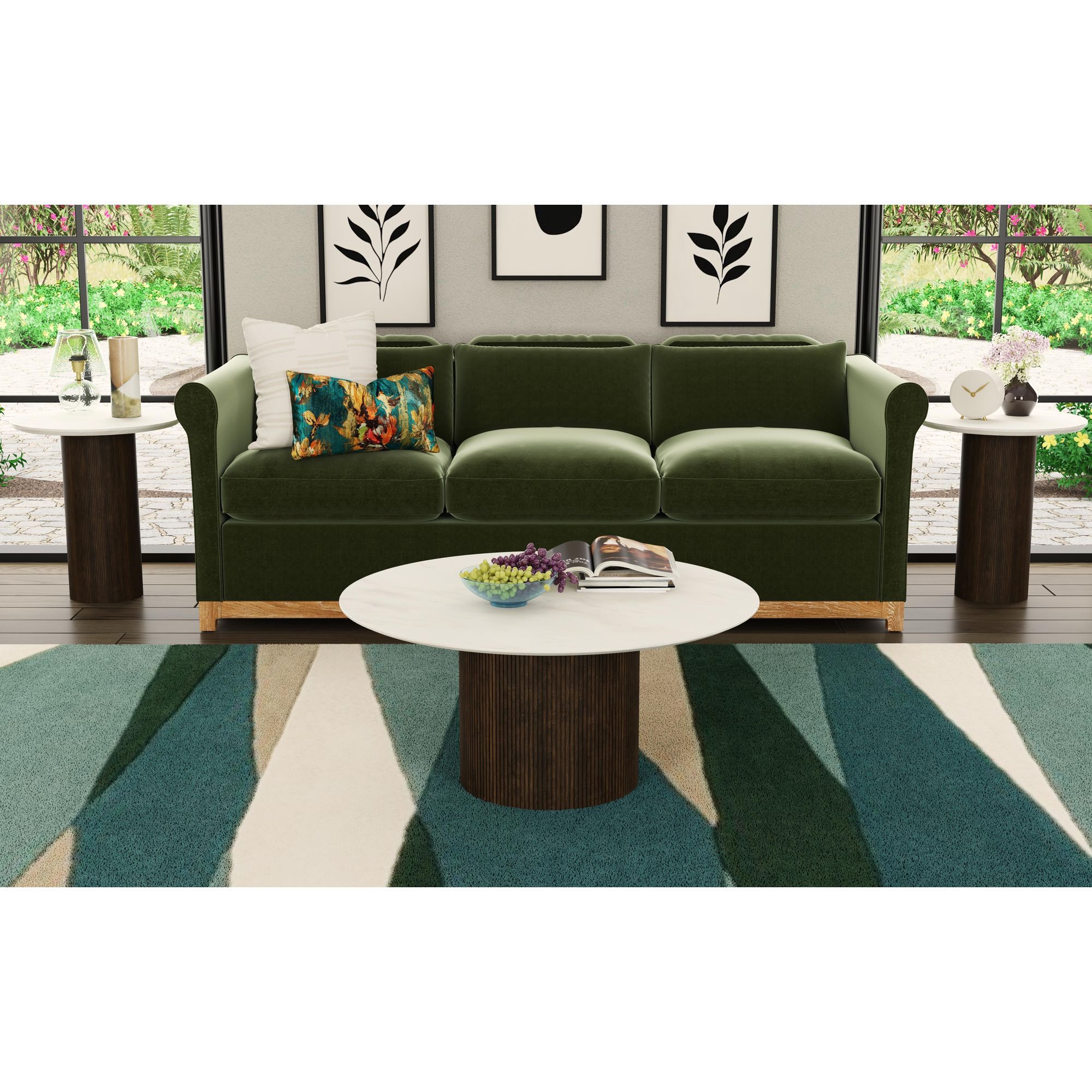 Sylvie - Round Coffee Table With White Faux Marble Top And Base - White / Dark Brown