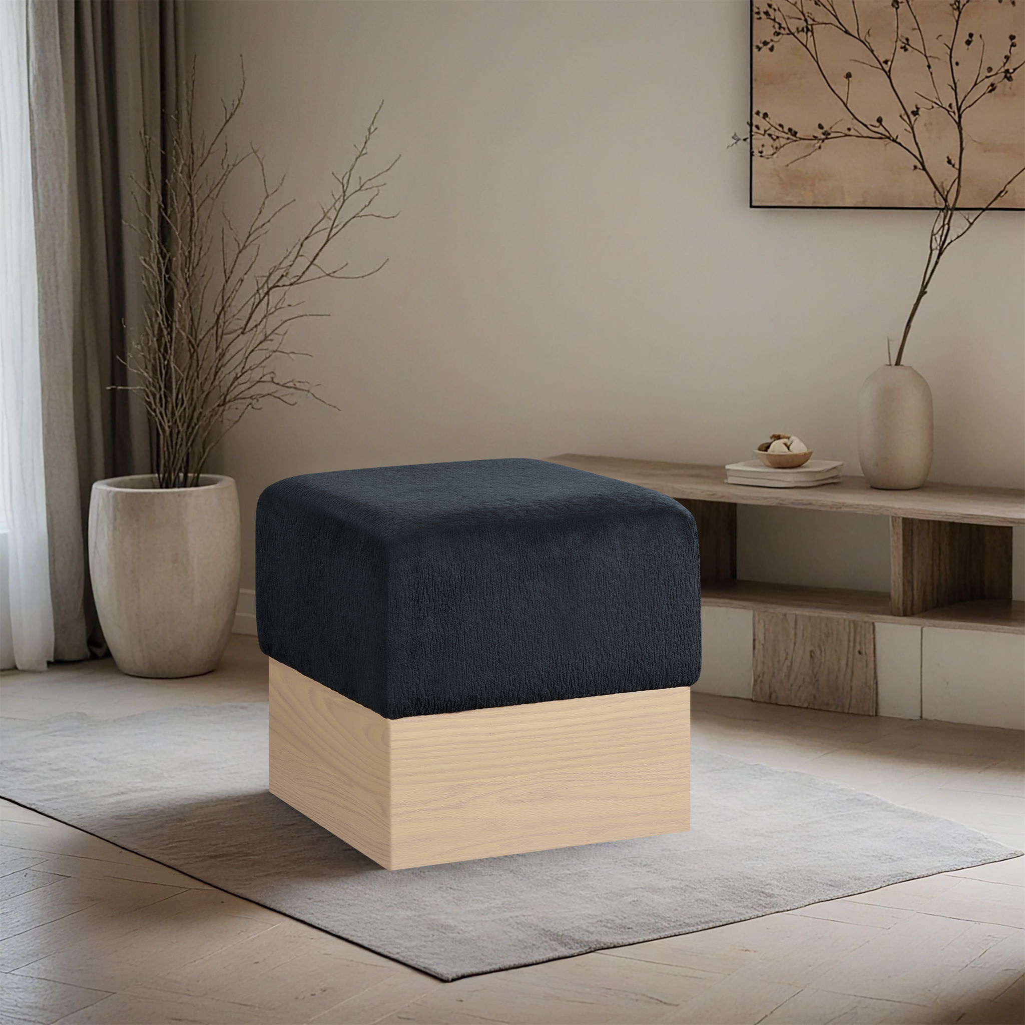 Havre - Ottoman / Stool With Natural Base - Black