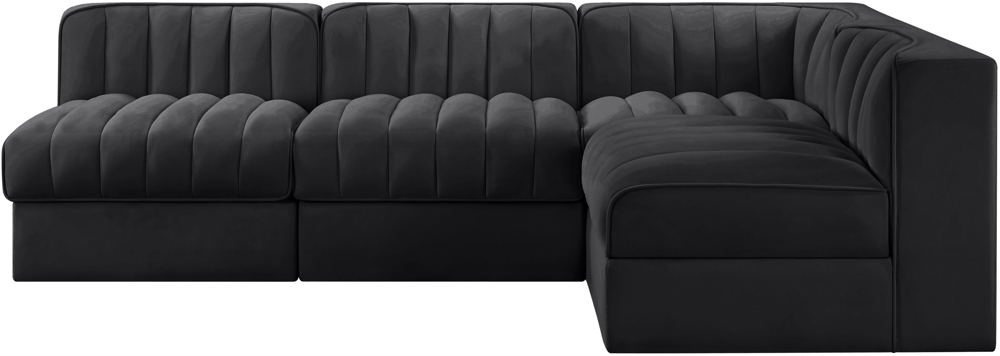 Rummi - Armless Velvet Performance Fabric Upholstered 4 Piece Modular Sectional, L-Shaped (Right) - Black
