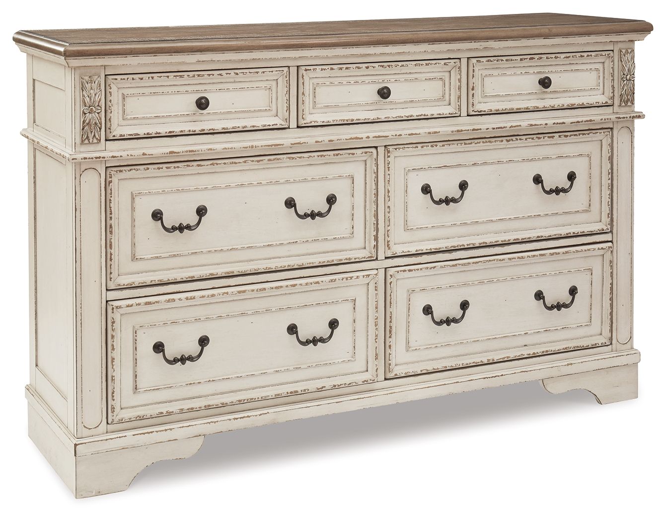 Realyn - California King Upholstered Bed - 8 Pc. - Dresser, Mirror, Chest, Cal King Bed, 2 Nightstands - White / Brown / Beige