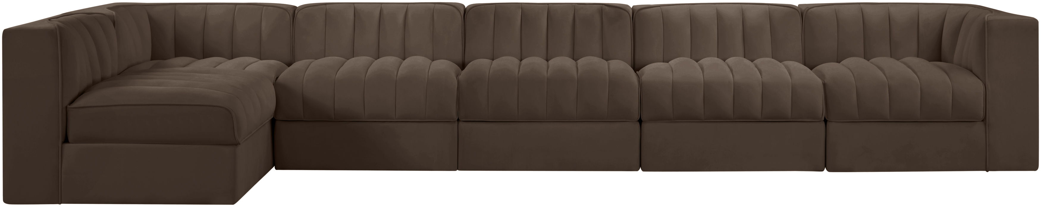 Rummi - Velvet Performance Fabric Upholstered 6 Piece Modular Sectional, L-Shaped (Right) - Brown