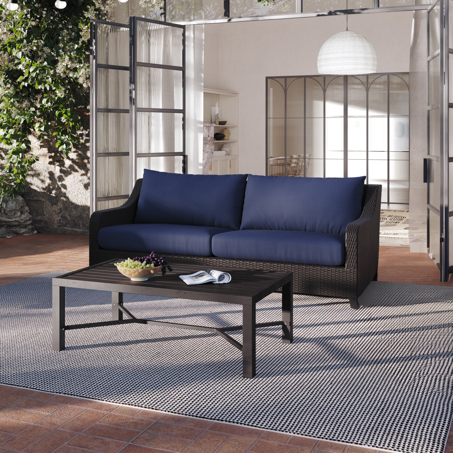 Skye - 2 Piece Outdoor Set (Sofa & Slat Top Coffee Table) - Blue, blue