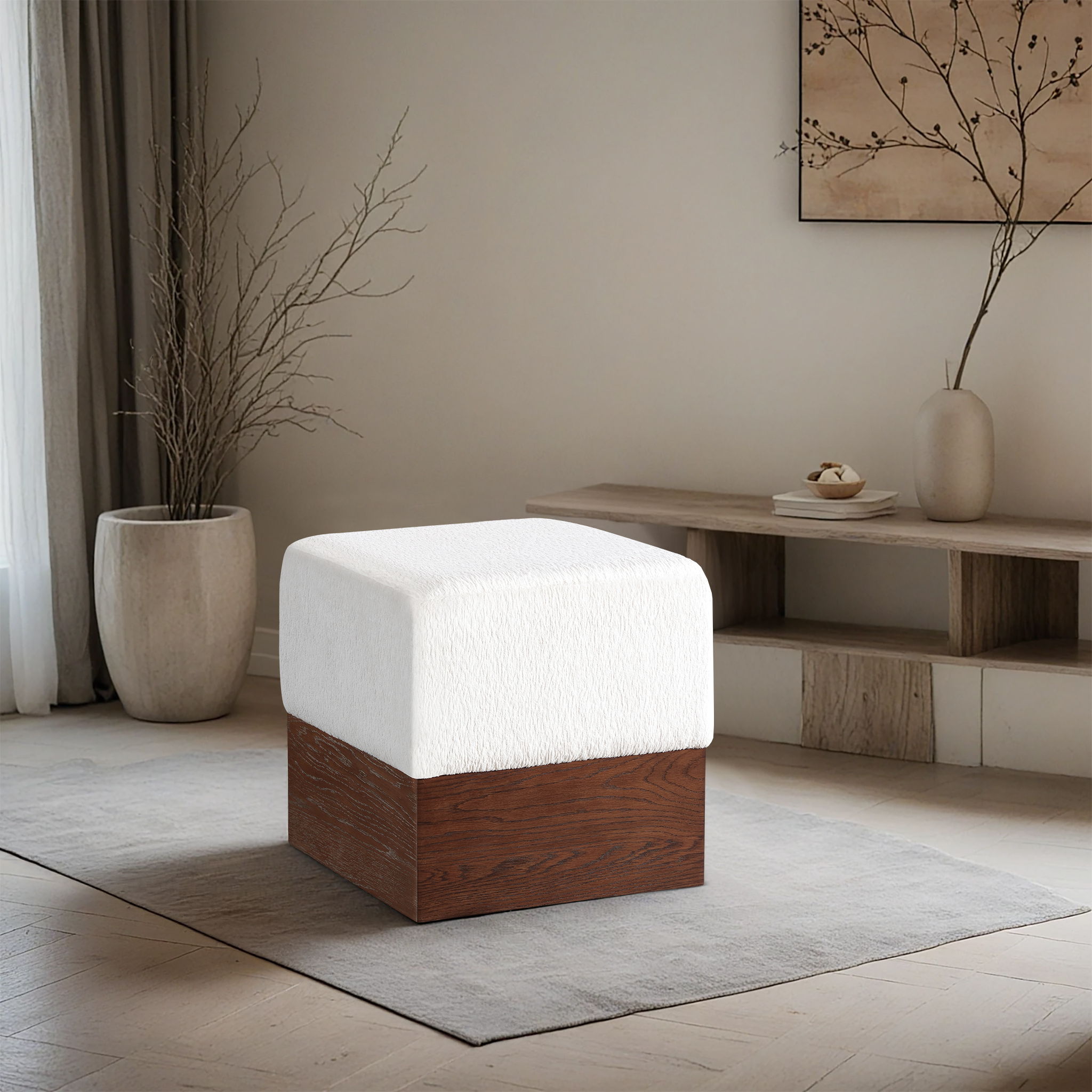 Havre - Ottoman / Stool With Brown Base - Cream