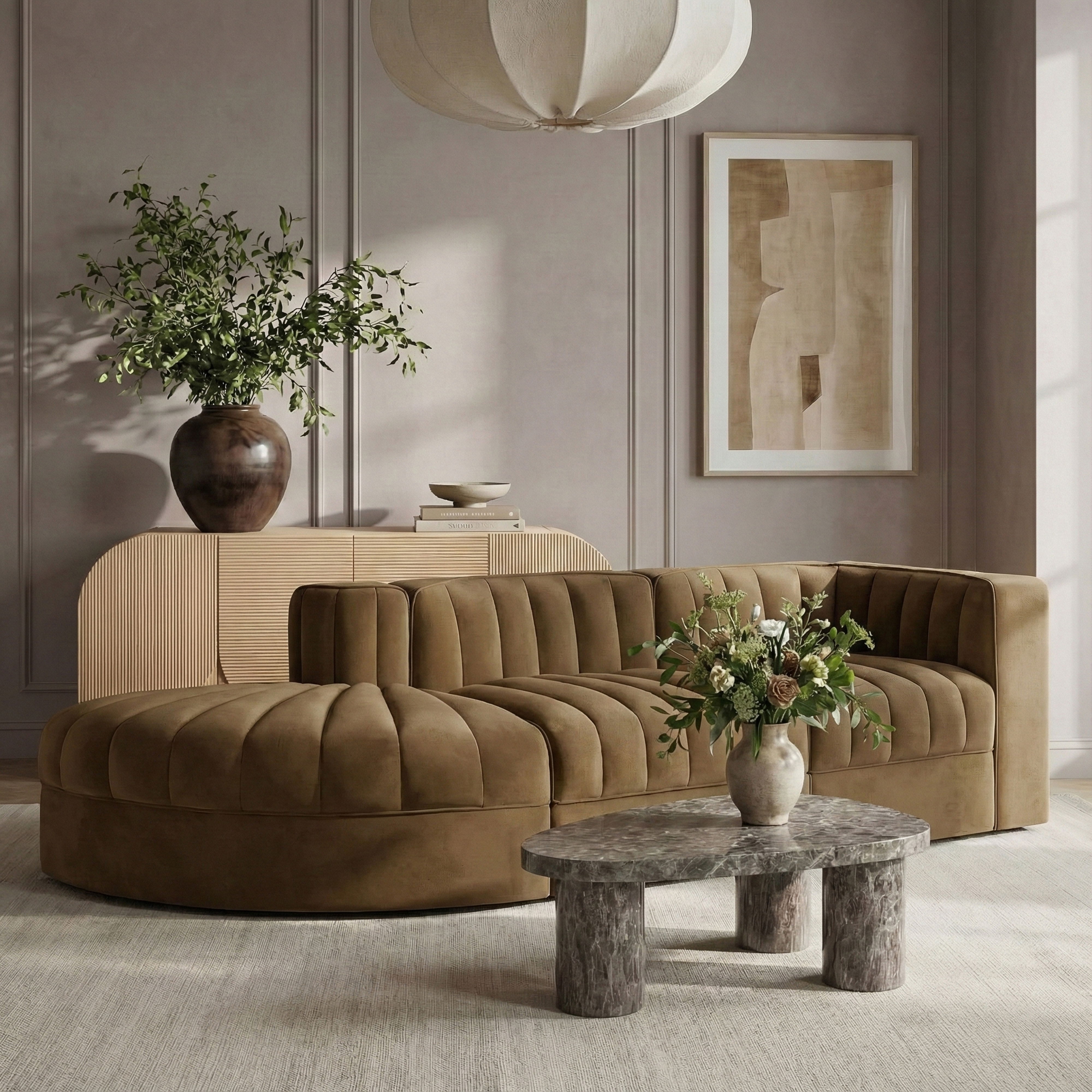 Rummi - Velvet Performance Fabric Upholstered 3 Piece Modular Sectional - Saddle