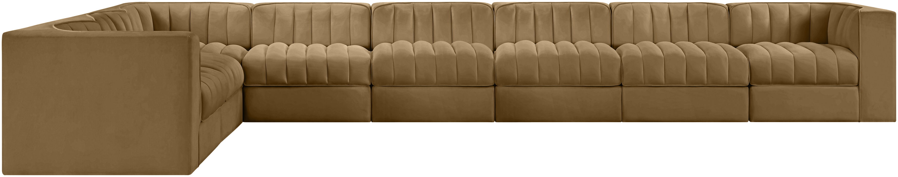 Rummi - Velvet Performance Fabric Upholstered 8 Piece Modular Sectional (With 3 Corner Chairs) - Saddle