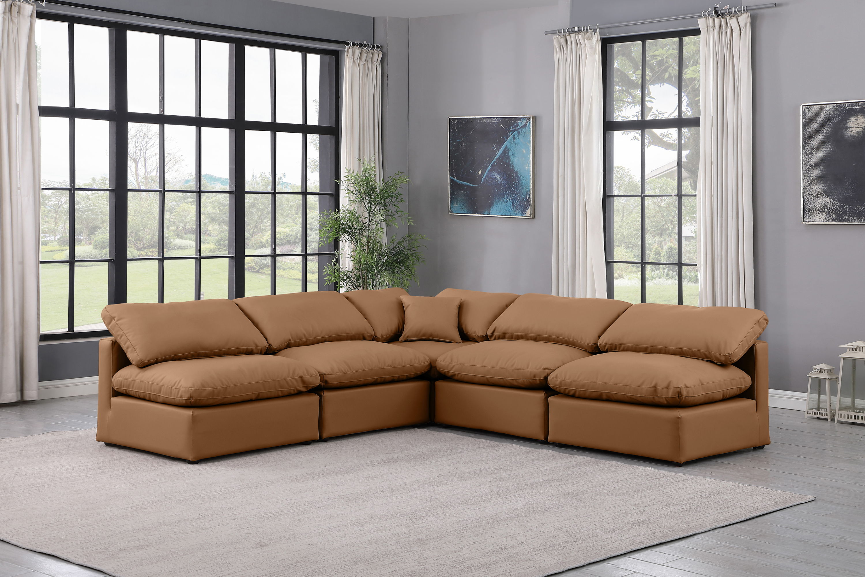 Indulge - Faux Leather 5 Piece Modular Corner Armless Sectional - Cognac