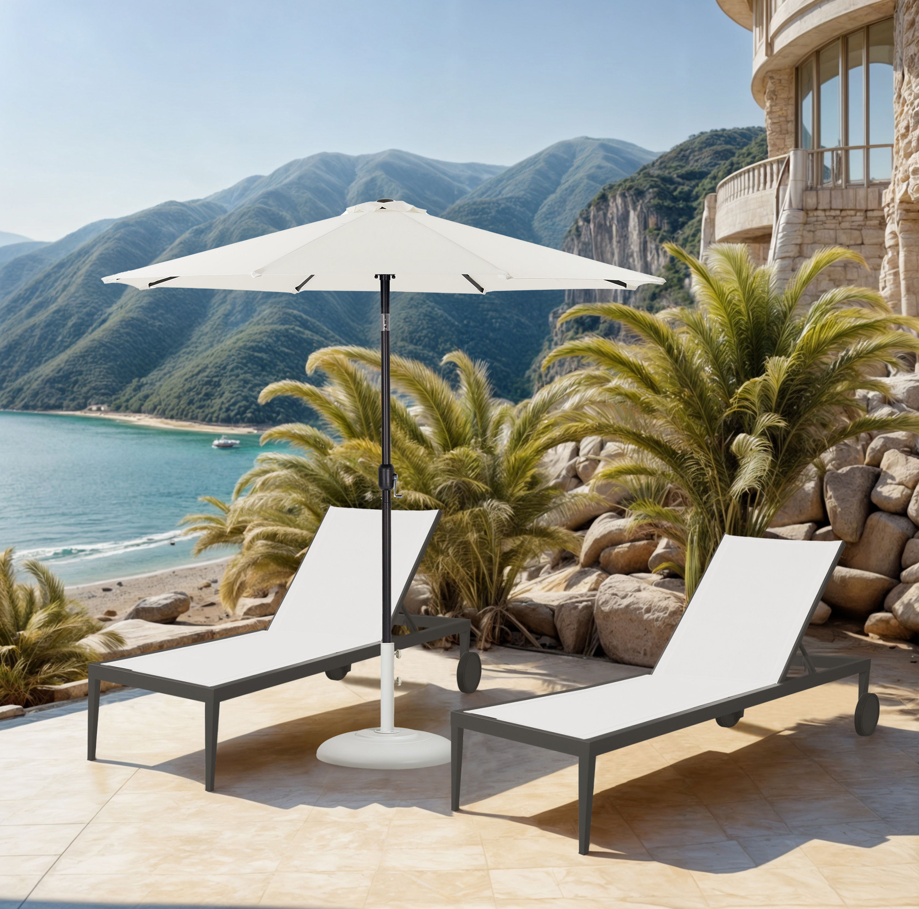 Fiji - Aluminum Patio Umbrella With Round White And Black Base - White
