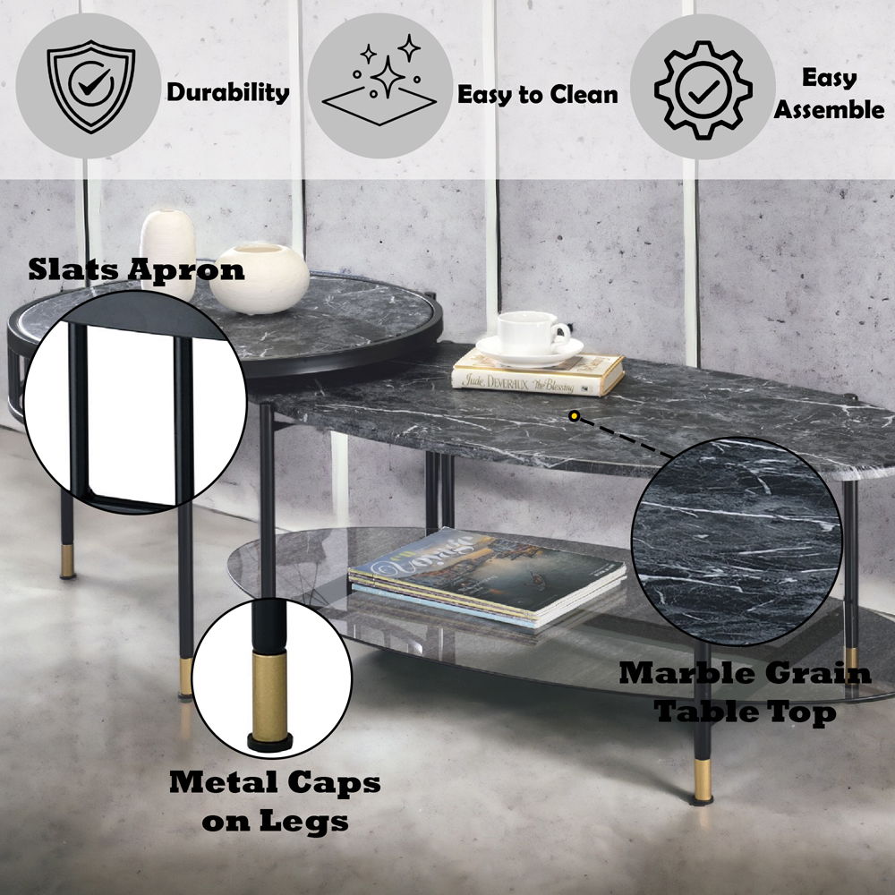 Silas - Nesting Coffee Table Set - Faux Marble Top & Black, black, view 4