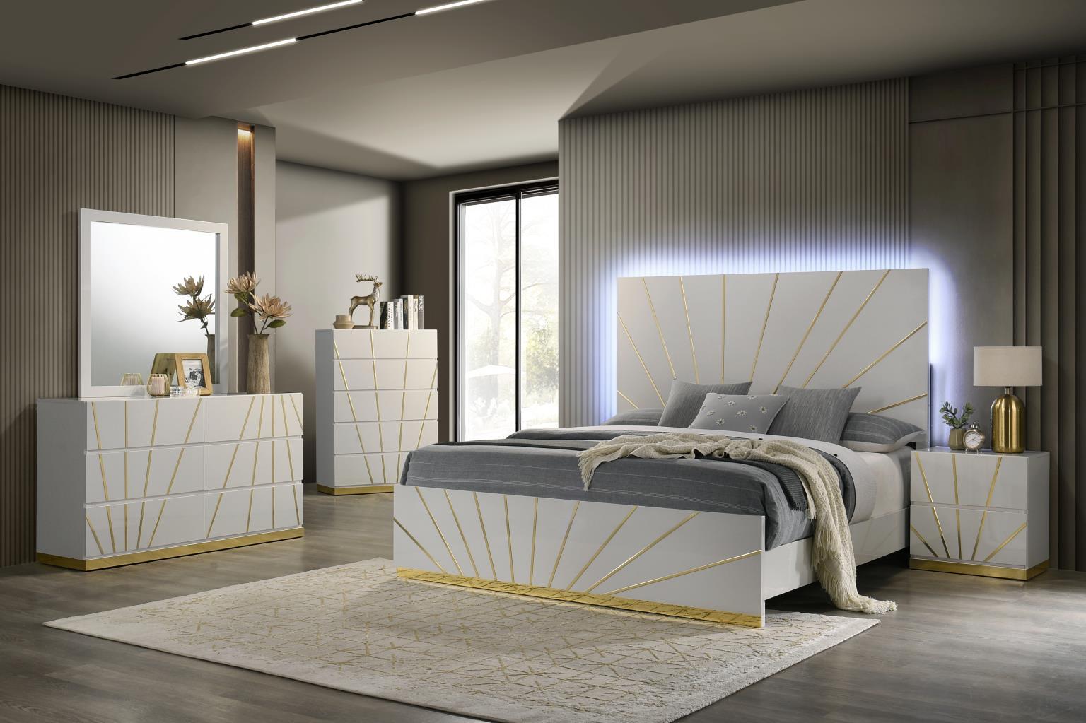 B205 - LED Queen Bed - White / Gold