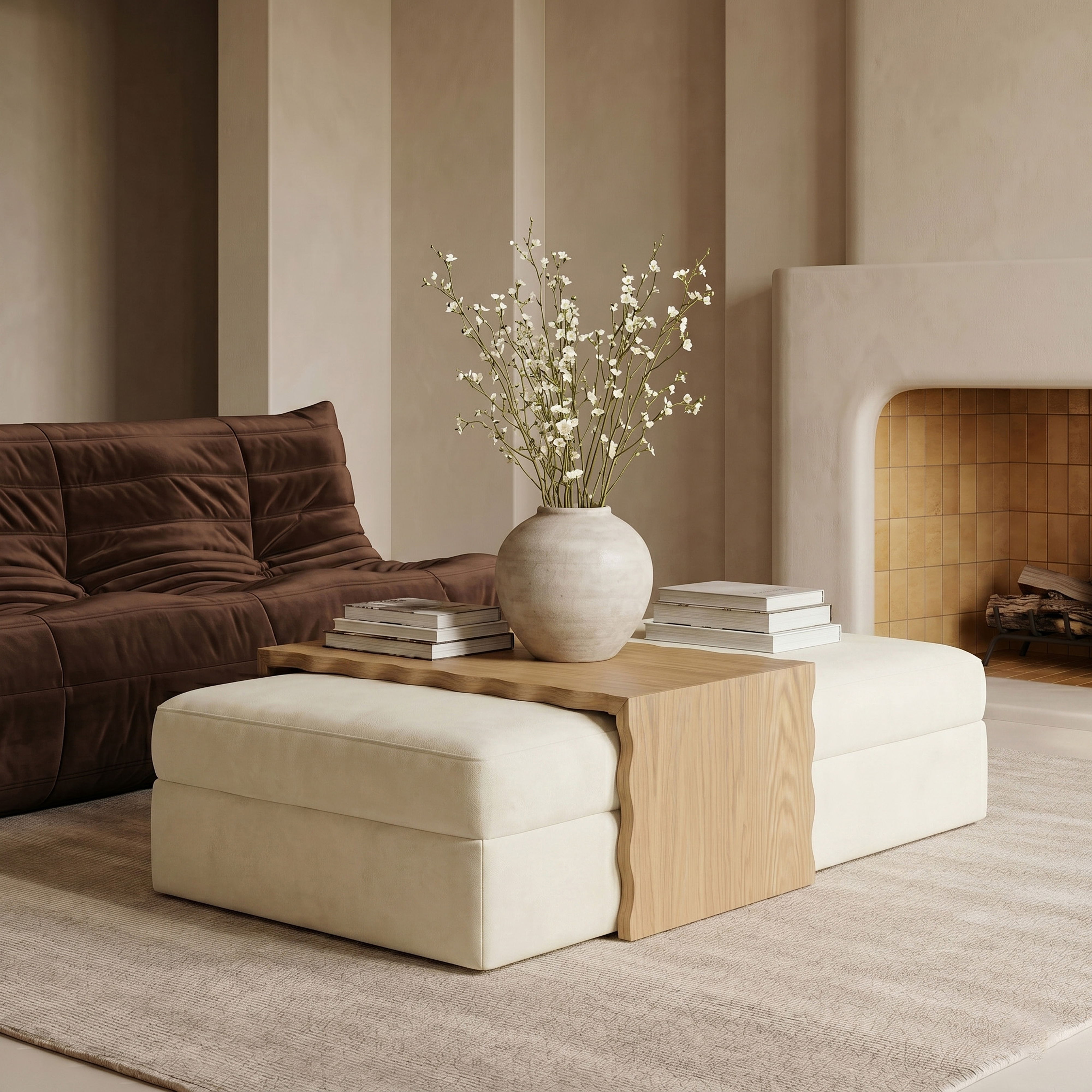 Woodra - Coffee Table / Ottoman - Cream / Light Brown