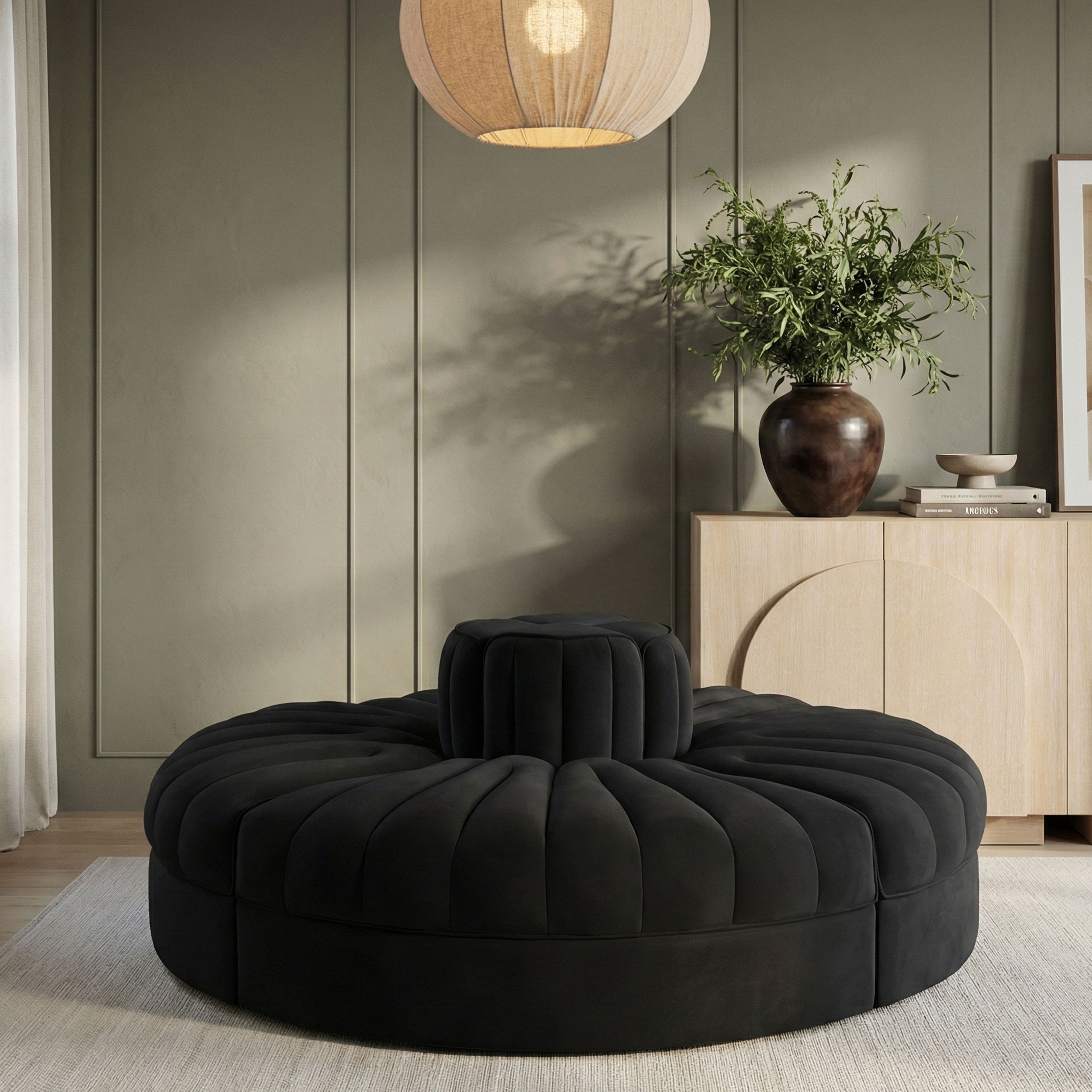 Rummi - Round Velvet Performance Fabric Upholstered 4 Piece Modular Sofa - Black