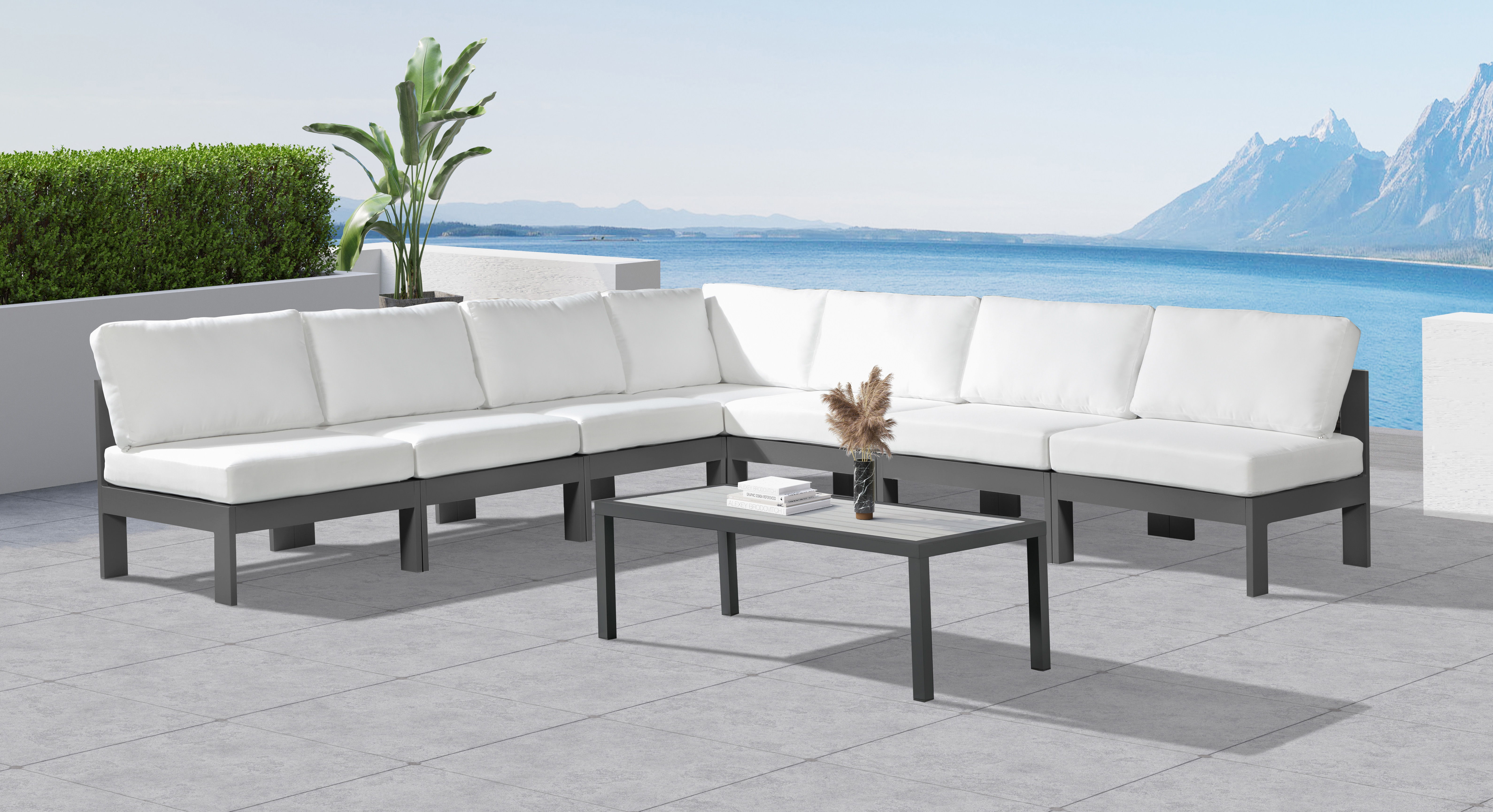 Nizuc - Outdoor Patio 7 Piece Modular Croner Armless Sectional With Gray Frame - White