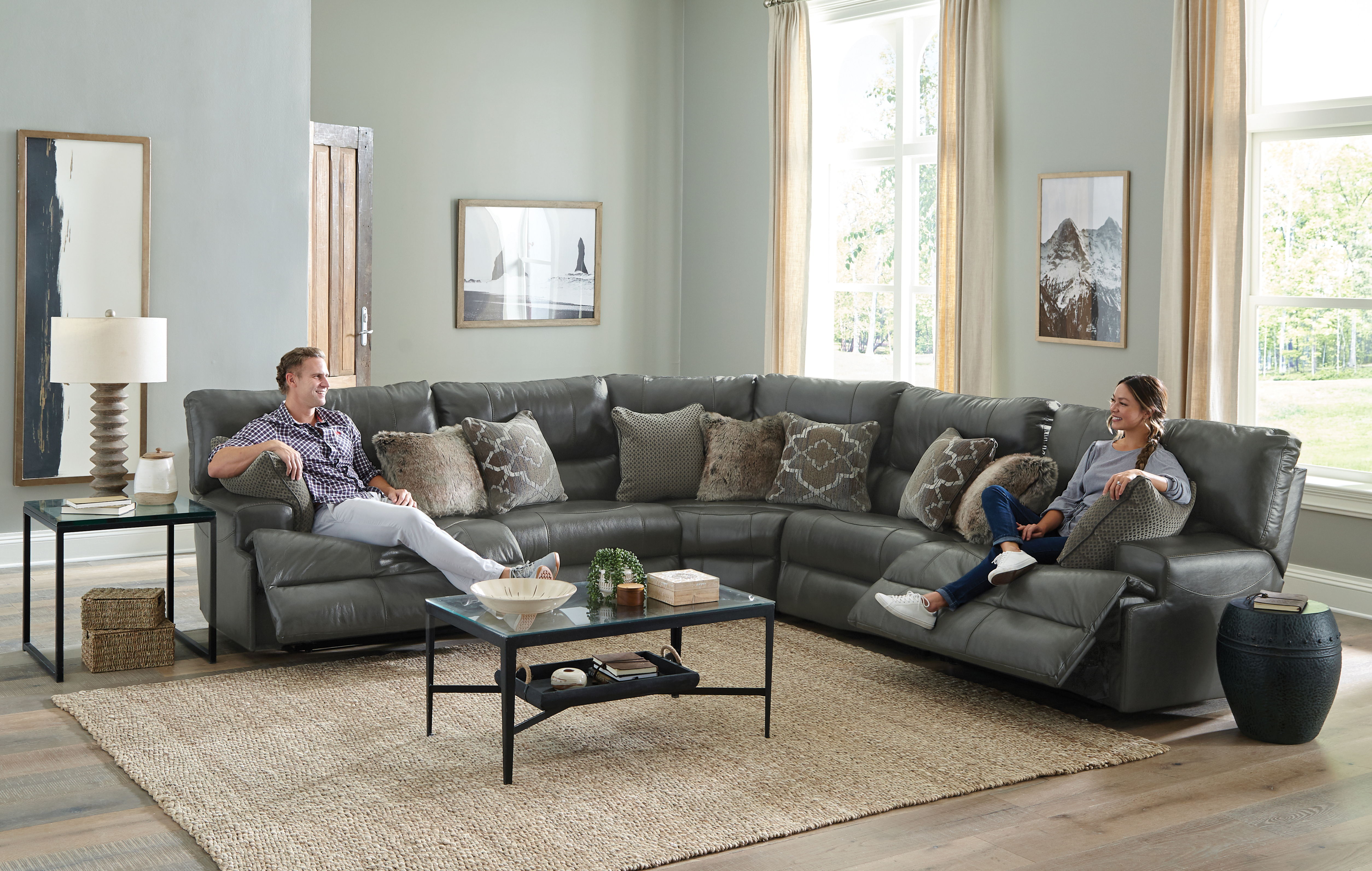 Como - 5 Piece Italian Leather Match Power Reclining Sectional With 2 Lay Flat Reclining Seats - Steel