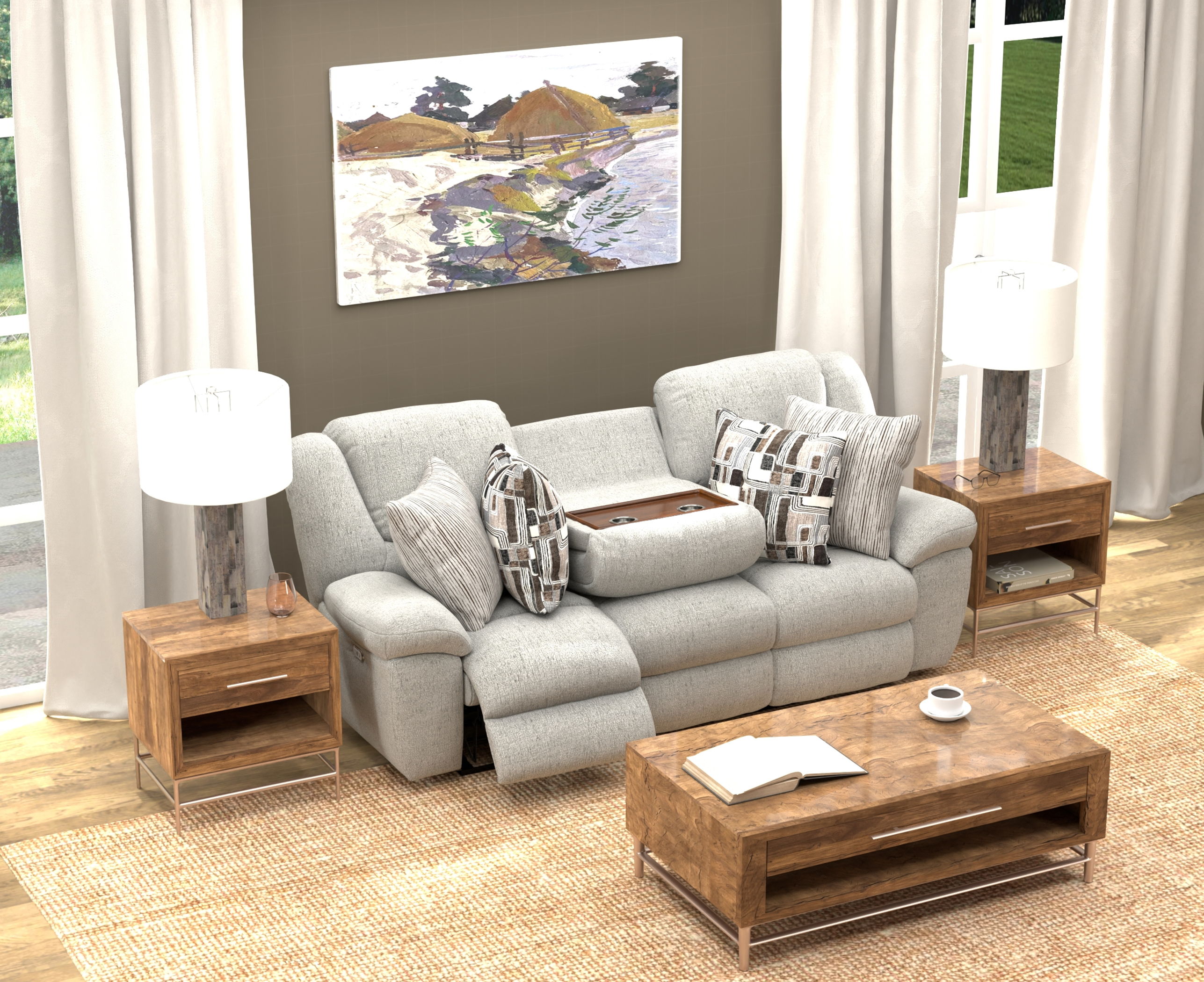 Trifecta - Power Sofa With 3 Recliners And Drop Down Table - Nature