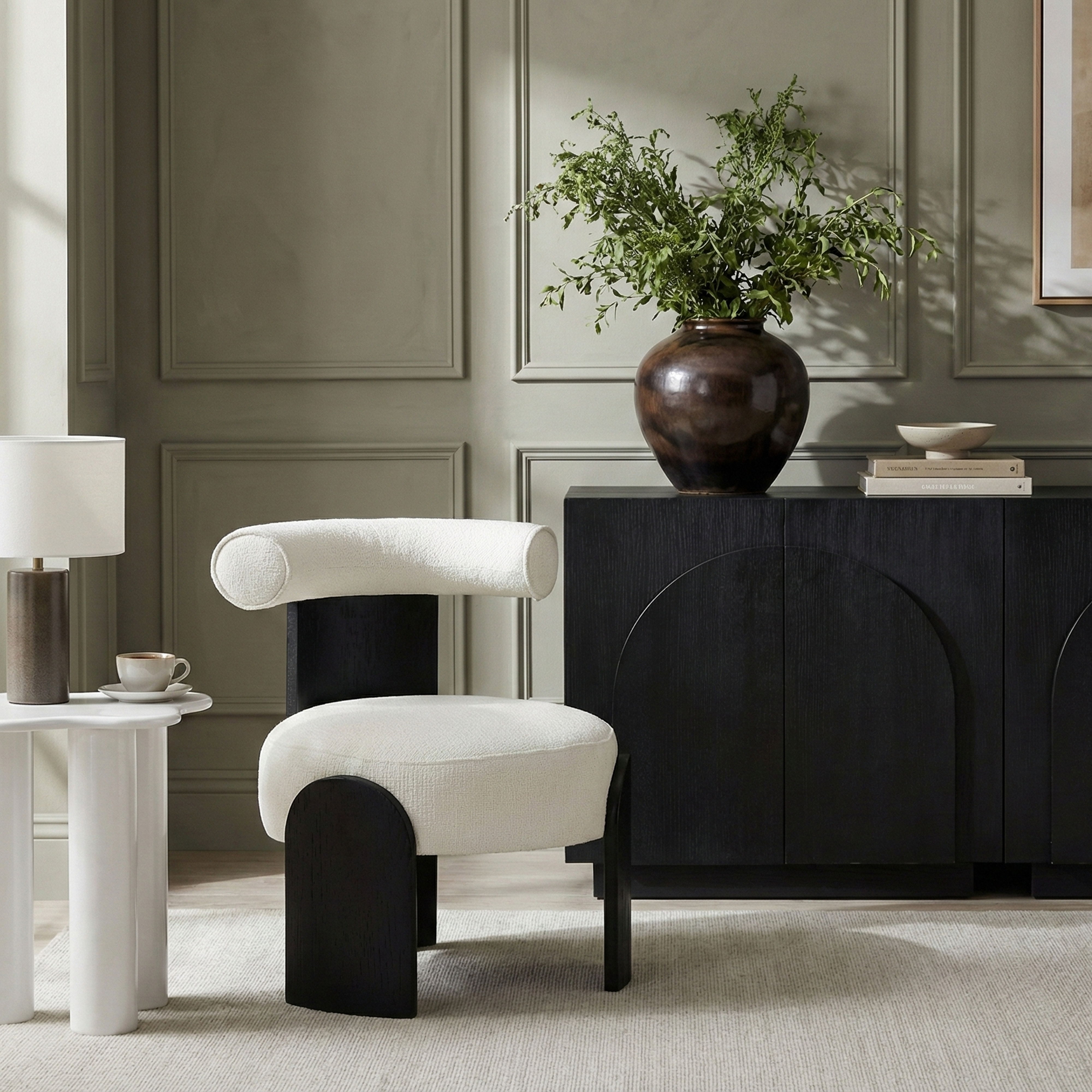 Calder - Linen Textured Fabric Upholstered Accent Chair - Cream / Painted Black